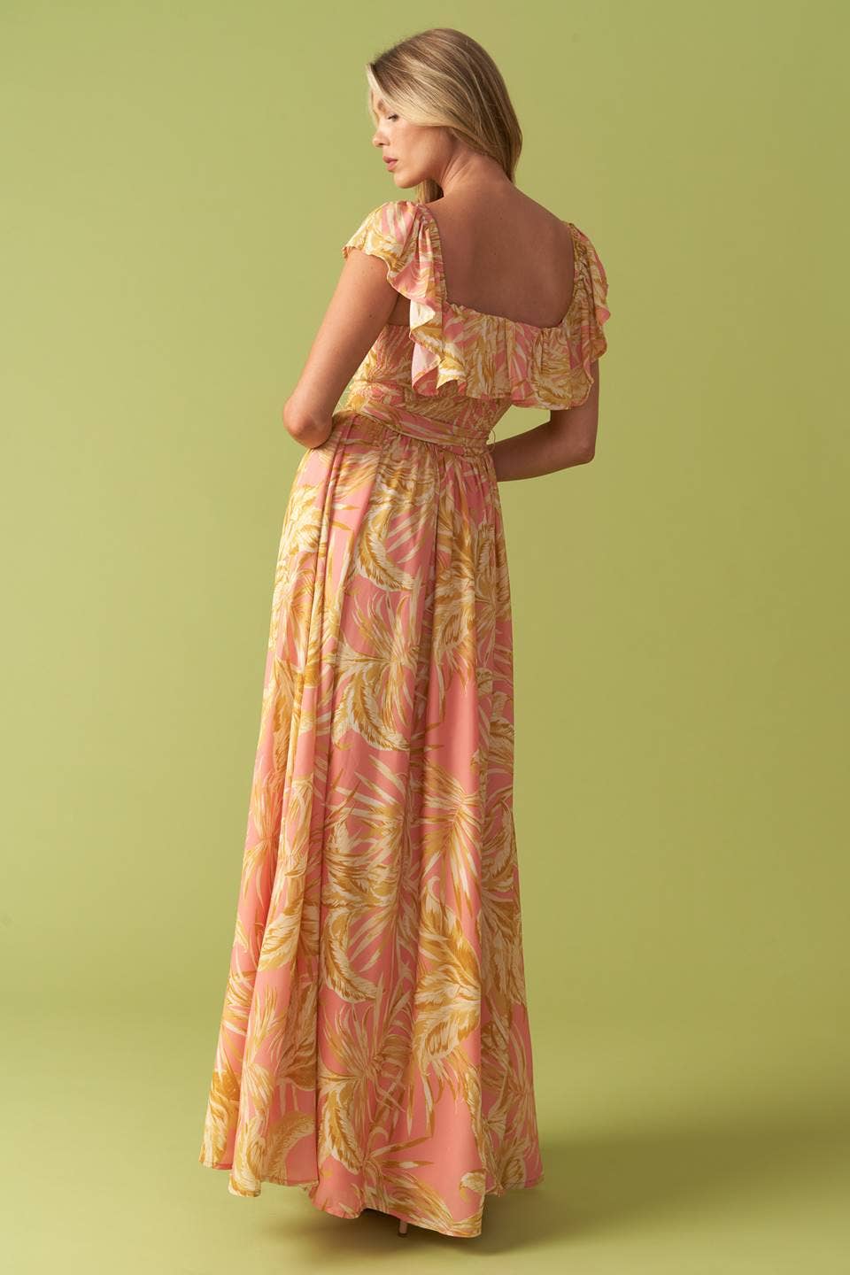 Pink Floral Flutter Top Maxi Dress