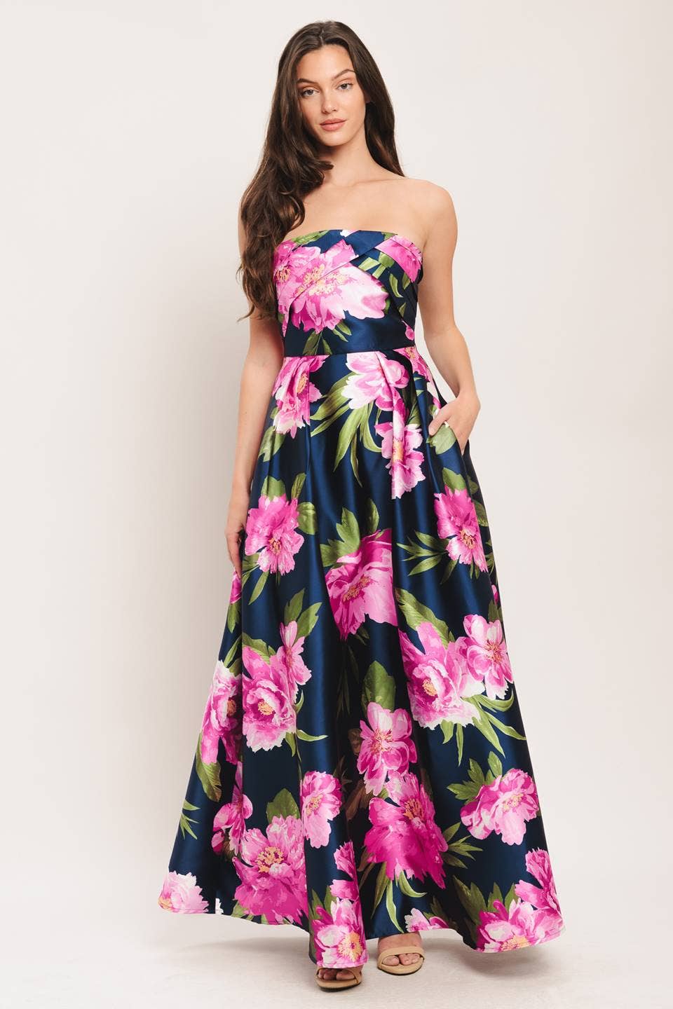 Navy Strapless Floral Full Length Event Dress