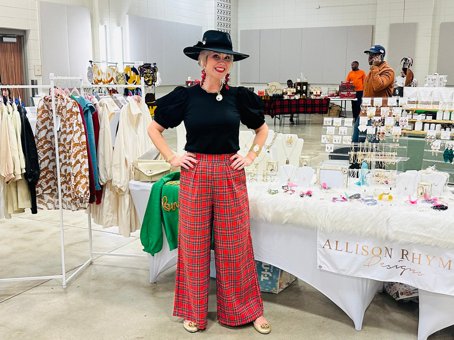 Red Plaid Wide Leg Pull On Pants