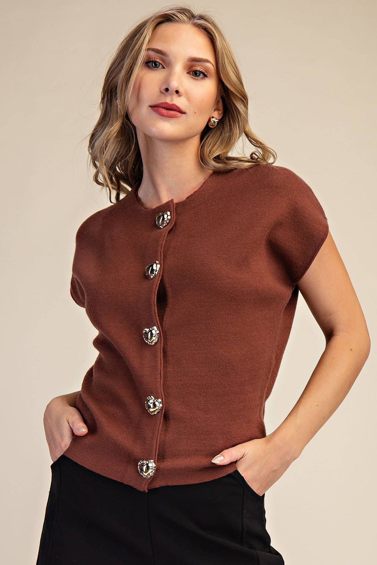 Black Dropped Shoulder Heart Button Detail Sweater