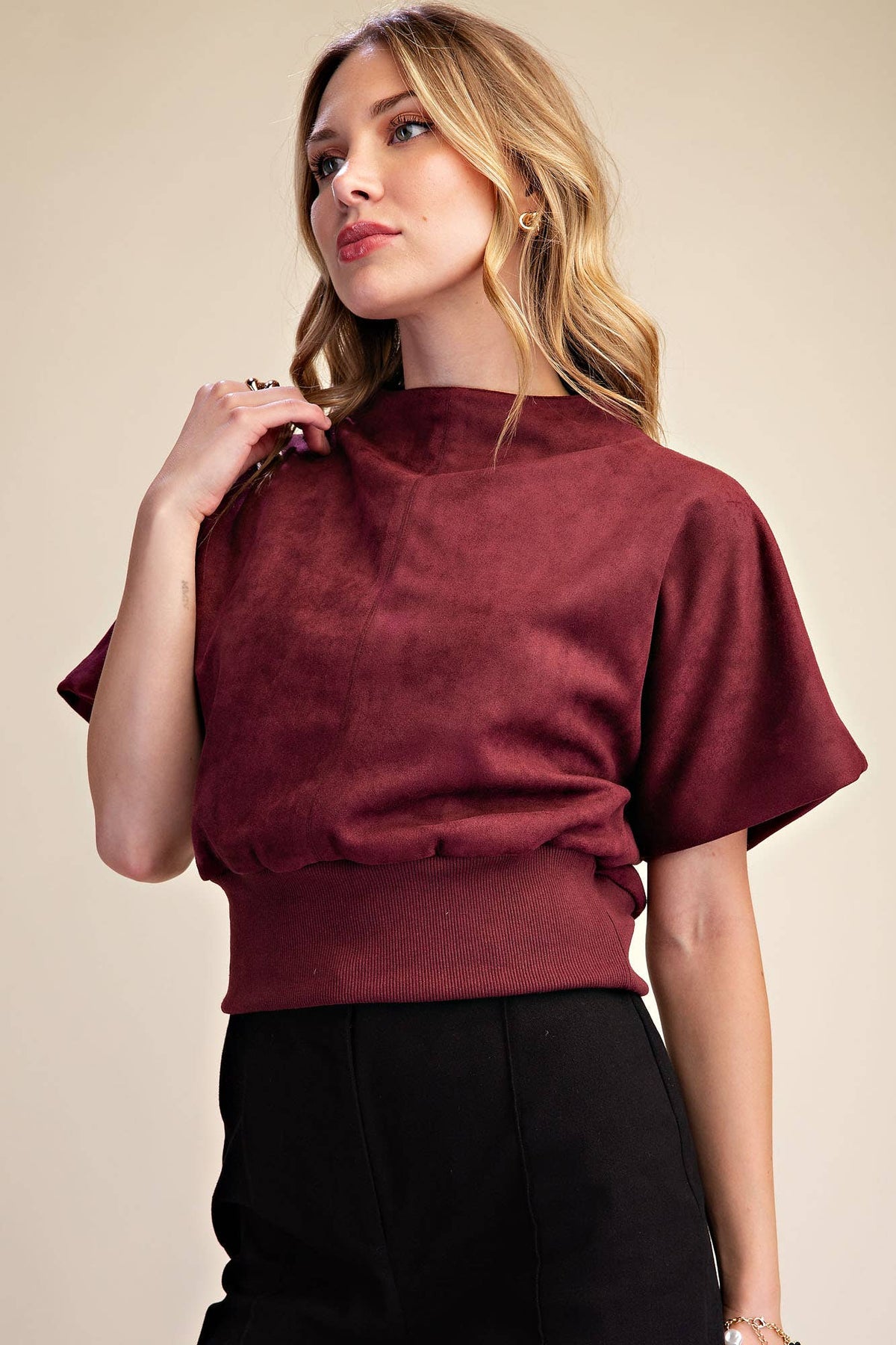 Burgundy Mock Neck Suede Look Brush Top