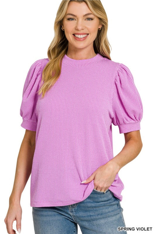 Raised Rib Puff Sleeve Top