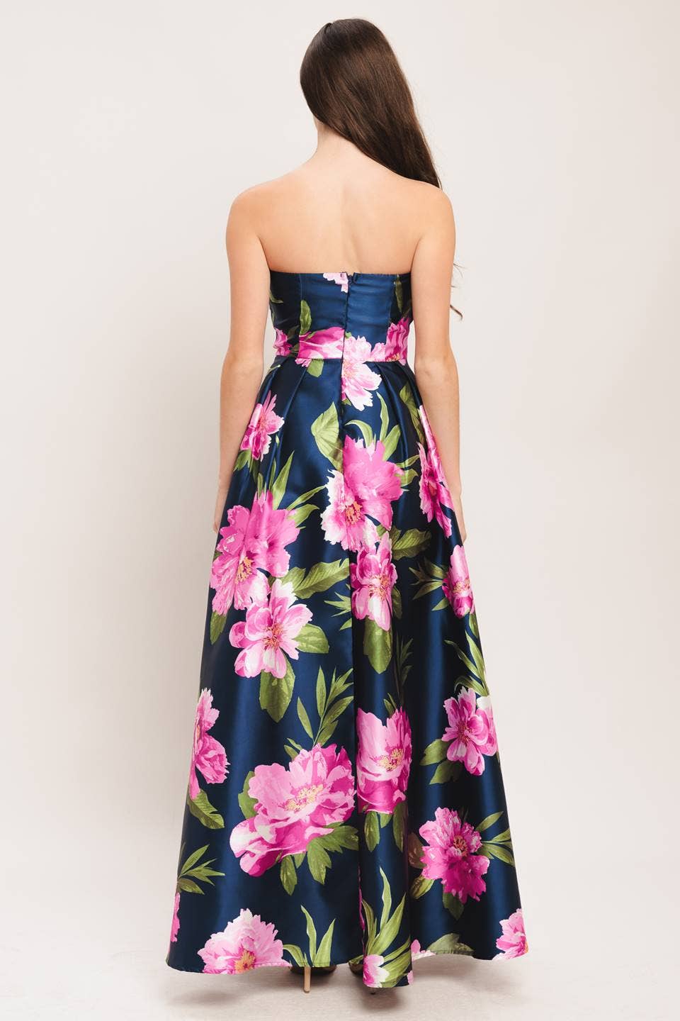 Navy Strapless Floral Full Length Event Dress