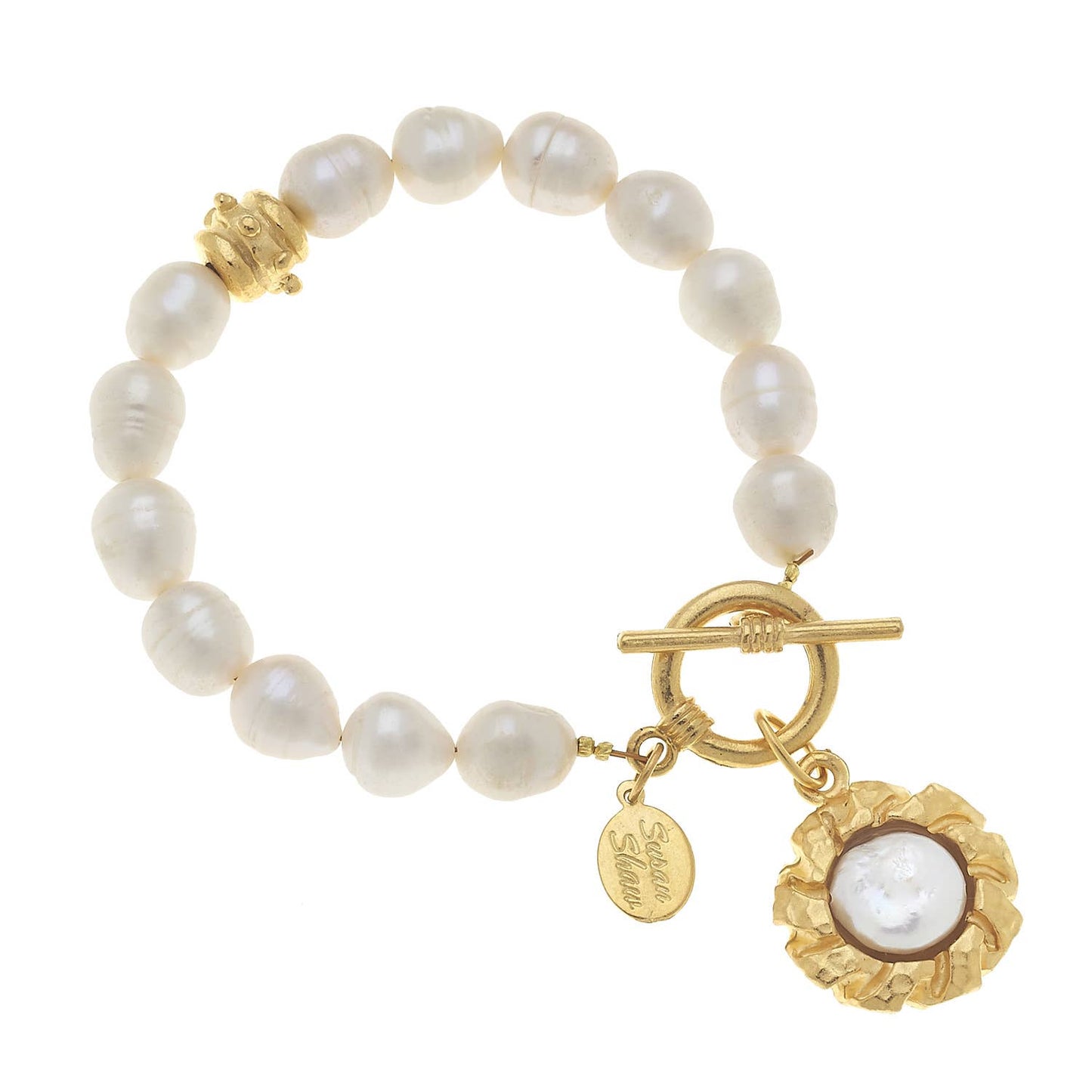 Susan Shaw Genuine Freshwater Pearl Bracelet with Gold Cab and Genuine Coin Pearl Charm