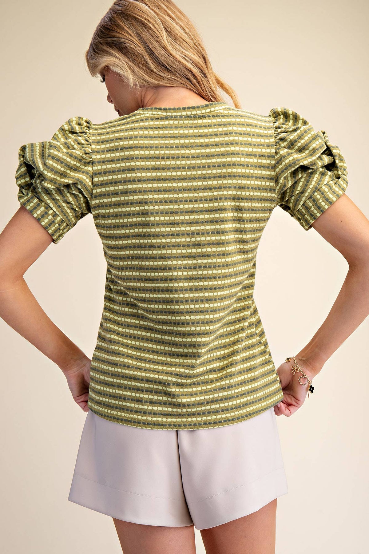 Sage Round Neck Puff Sleeve Stripe Top