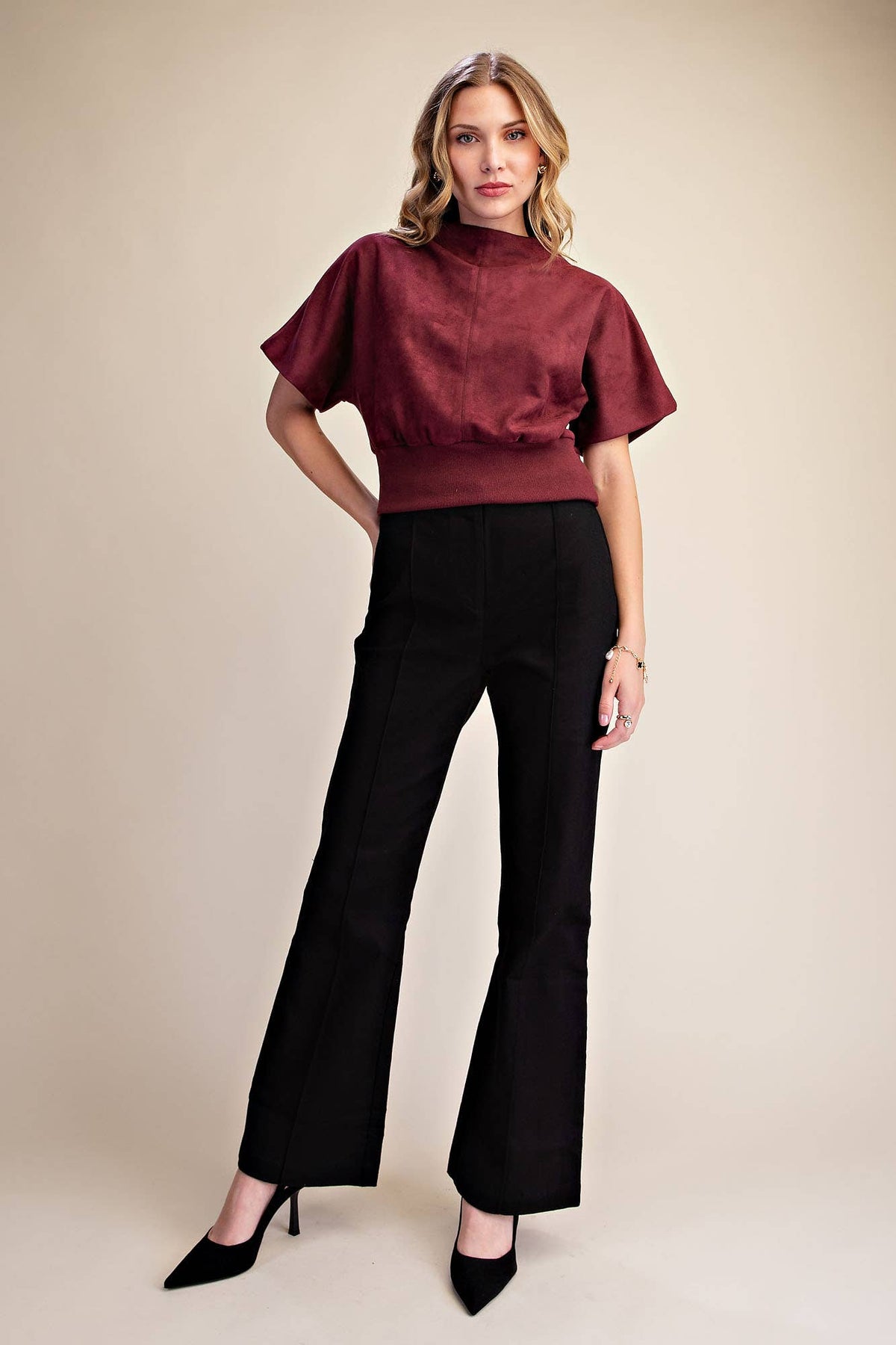 Burgundy Mock Neck Suede Look Brush Top