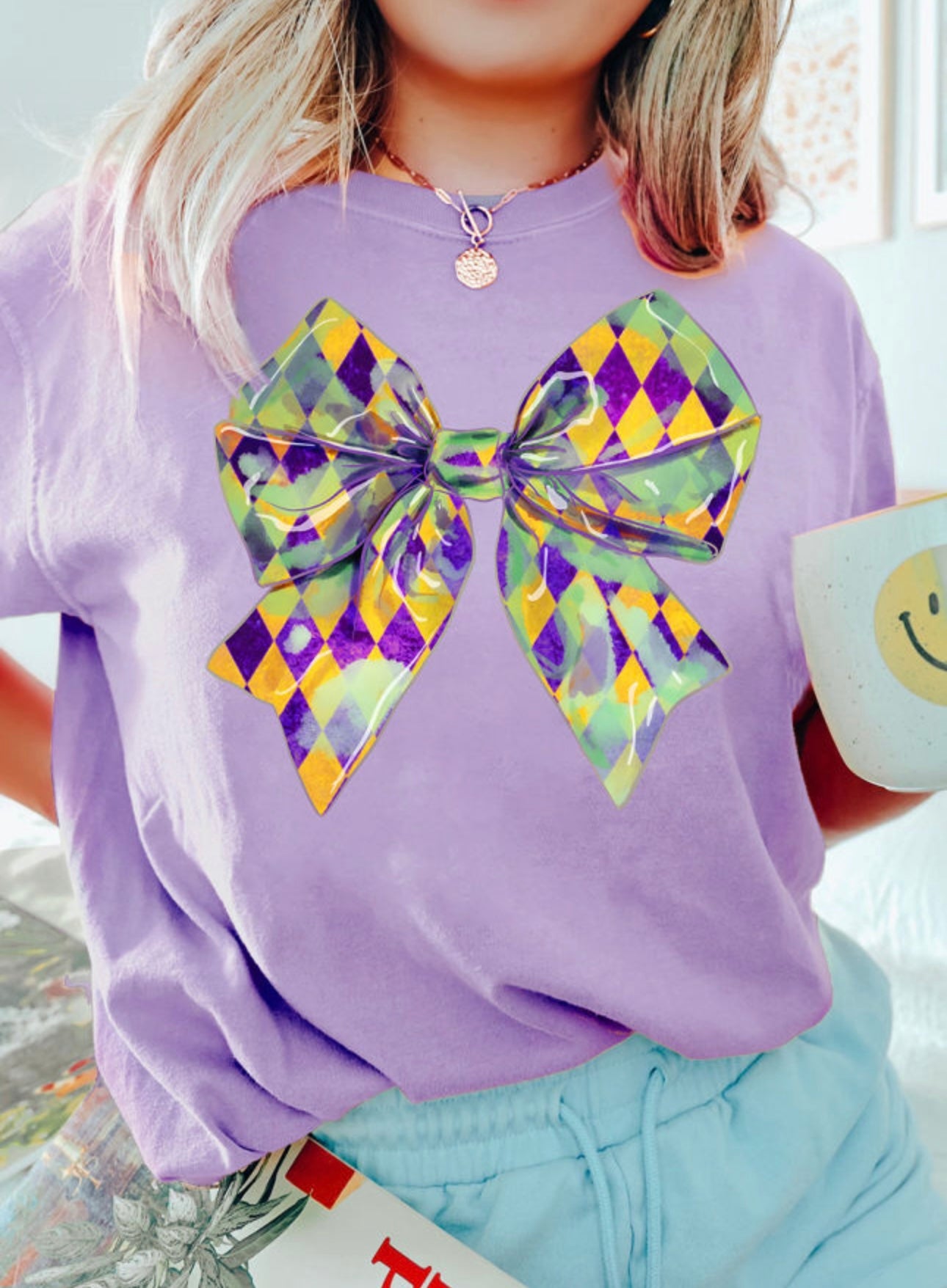 Lavender Graphic Mardi Gras Bow Tee
