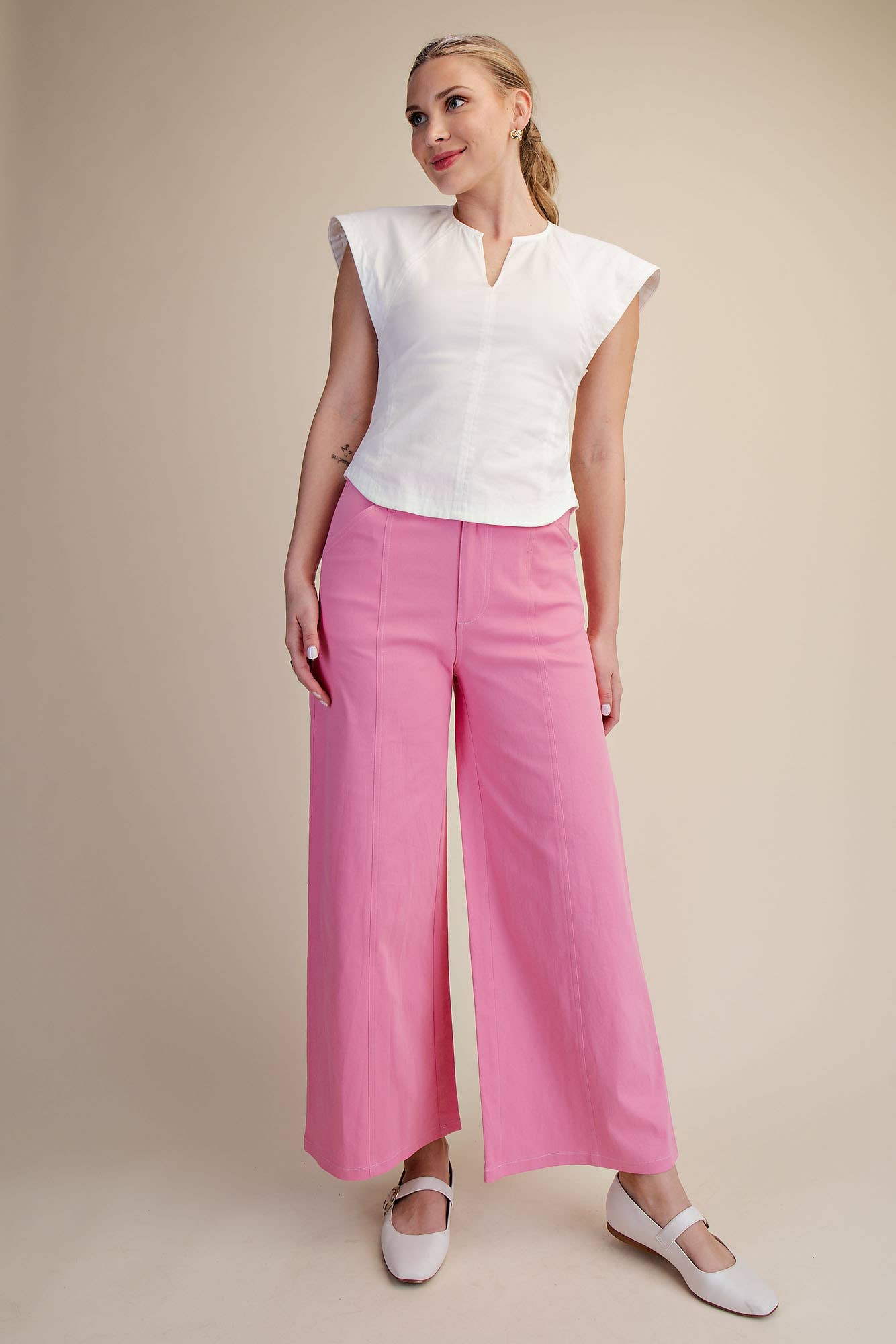 Pink High Rise Stitch Seamed Crop Pants