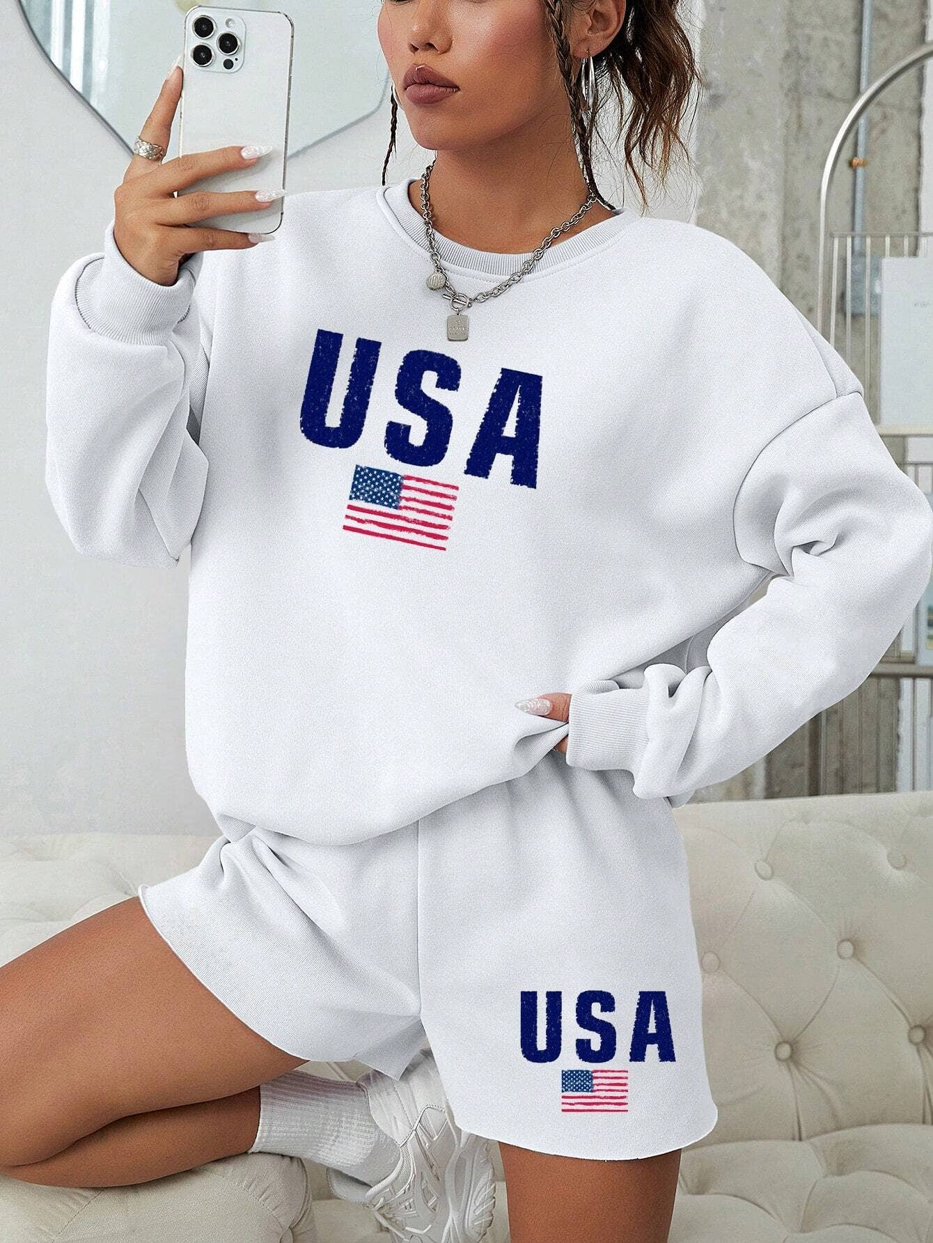White USA Flag Crewneck Sweatshirt & Shorts Set