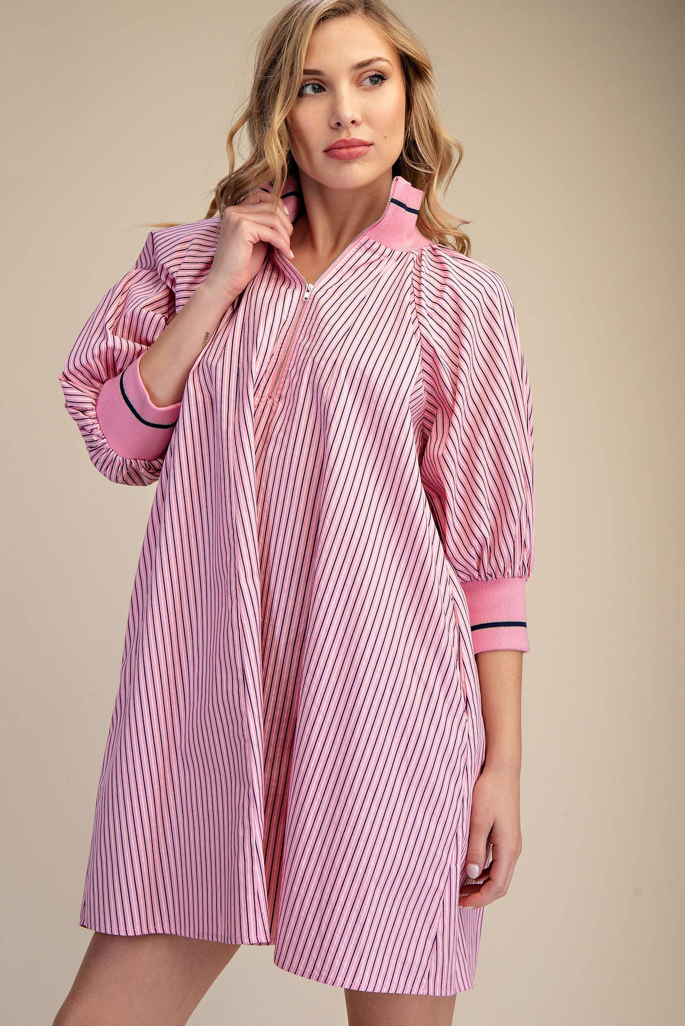 Mock Neck Band Puff Sleeve Casual Mini Dress