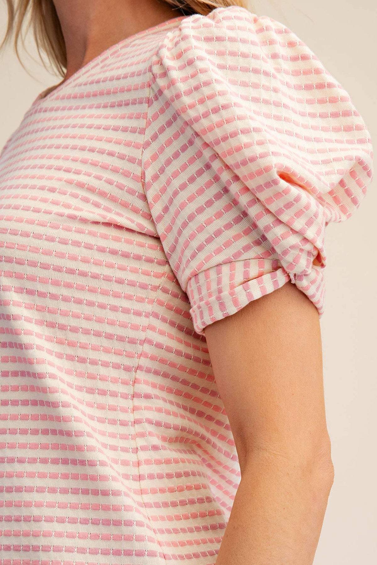 Sage Round Neck Puff Sleeve Stripe Top