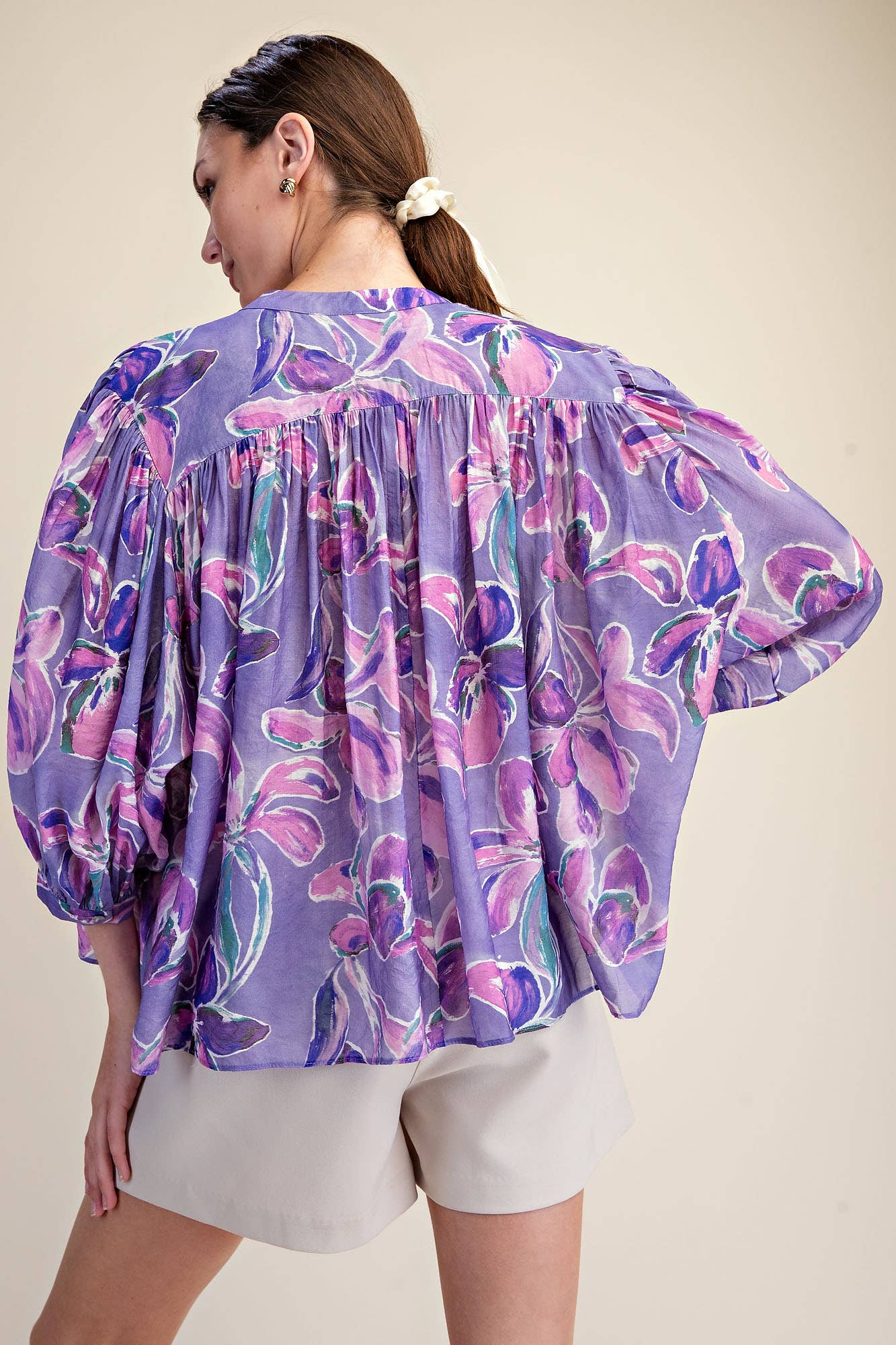Purple Floral Button Down, Voluminous 3/4 Sleeve
