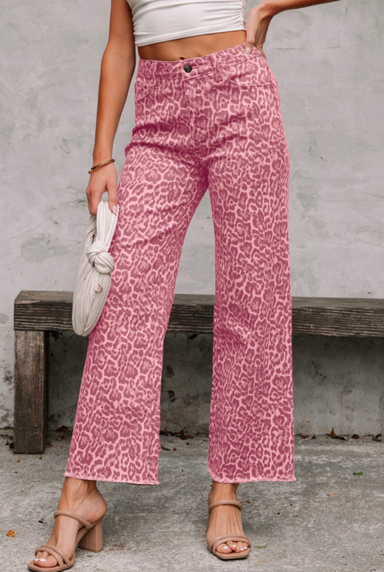 Pink Leopard Frayed Edge Wide Leg Jeans