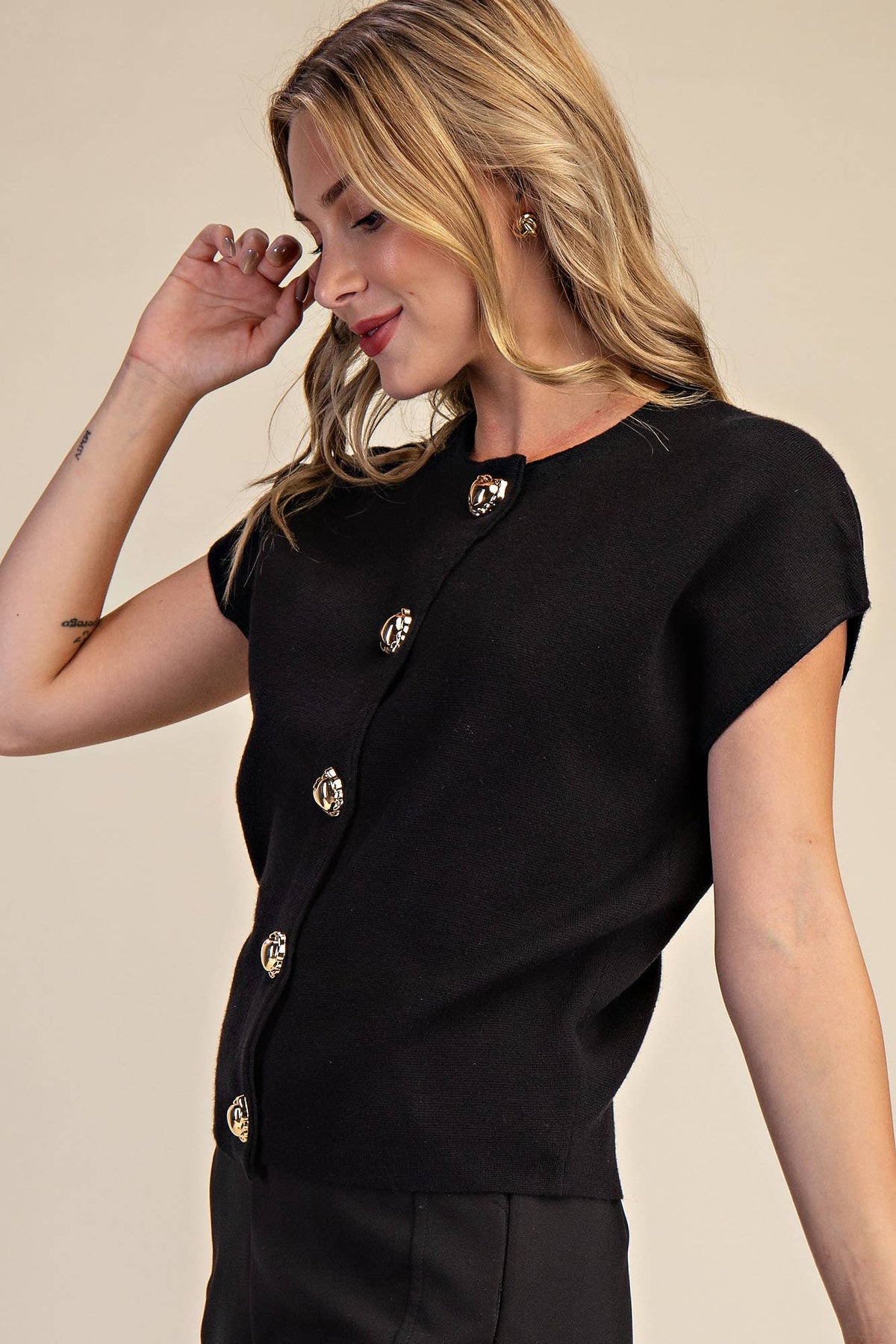 Black Dropped Shoulder Heart Button Detail Sweater