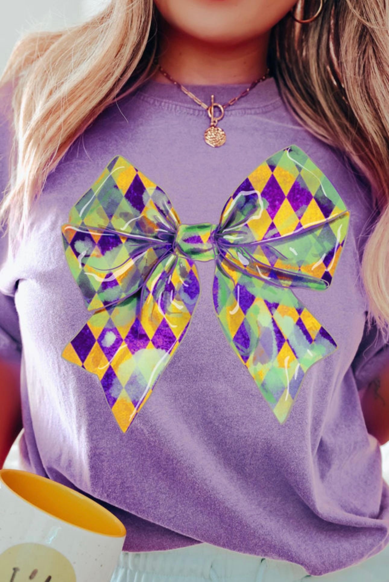 Lavender Graphic Mardi Gras Bow Tee