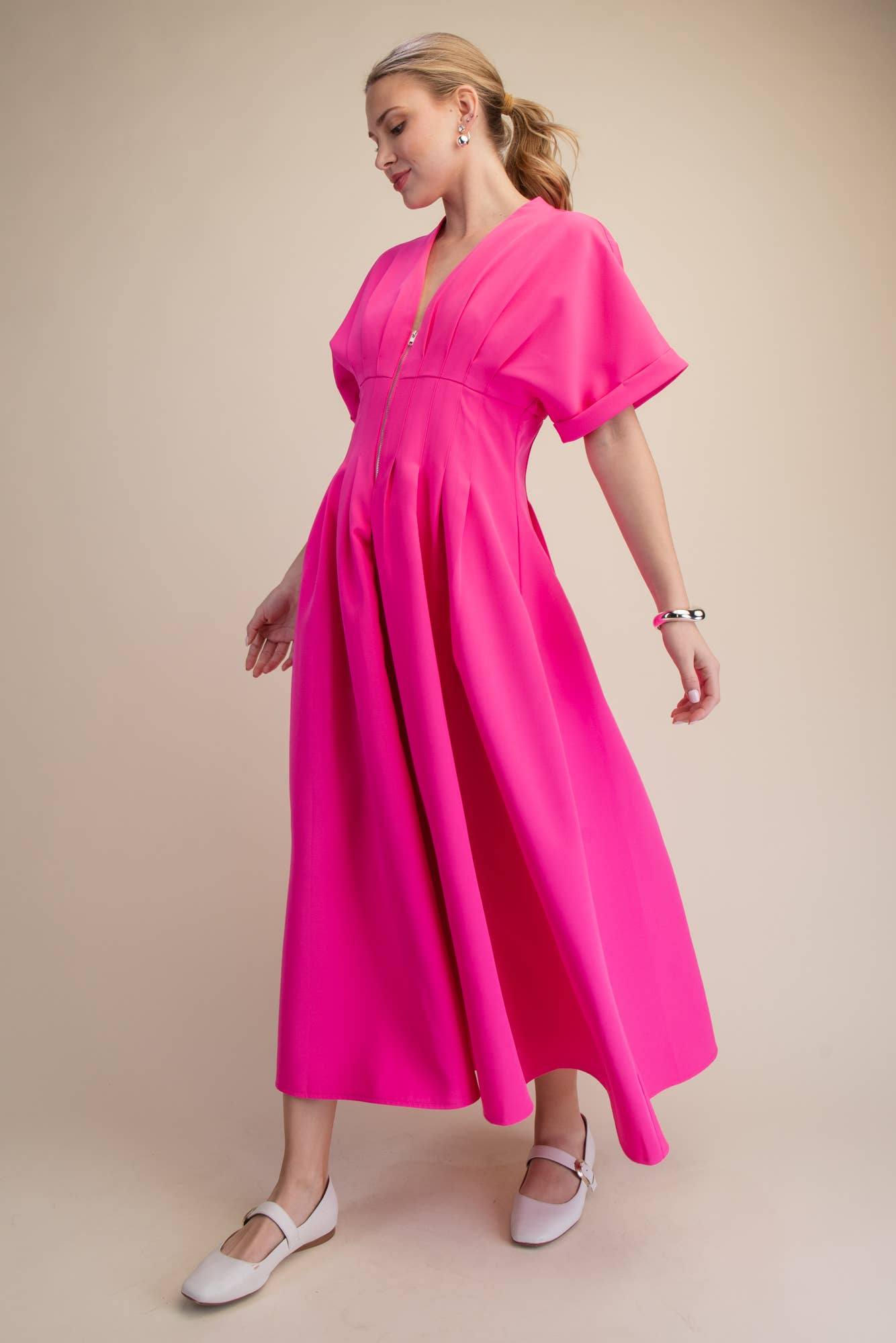 Front Zip Pleated Flare Stretch Shirt Dress