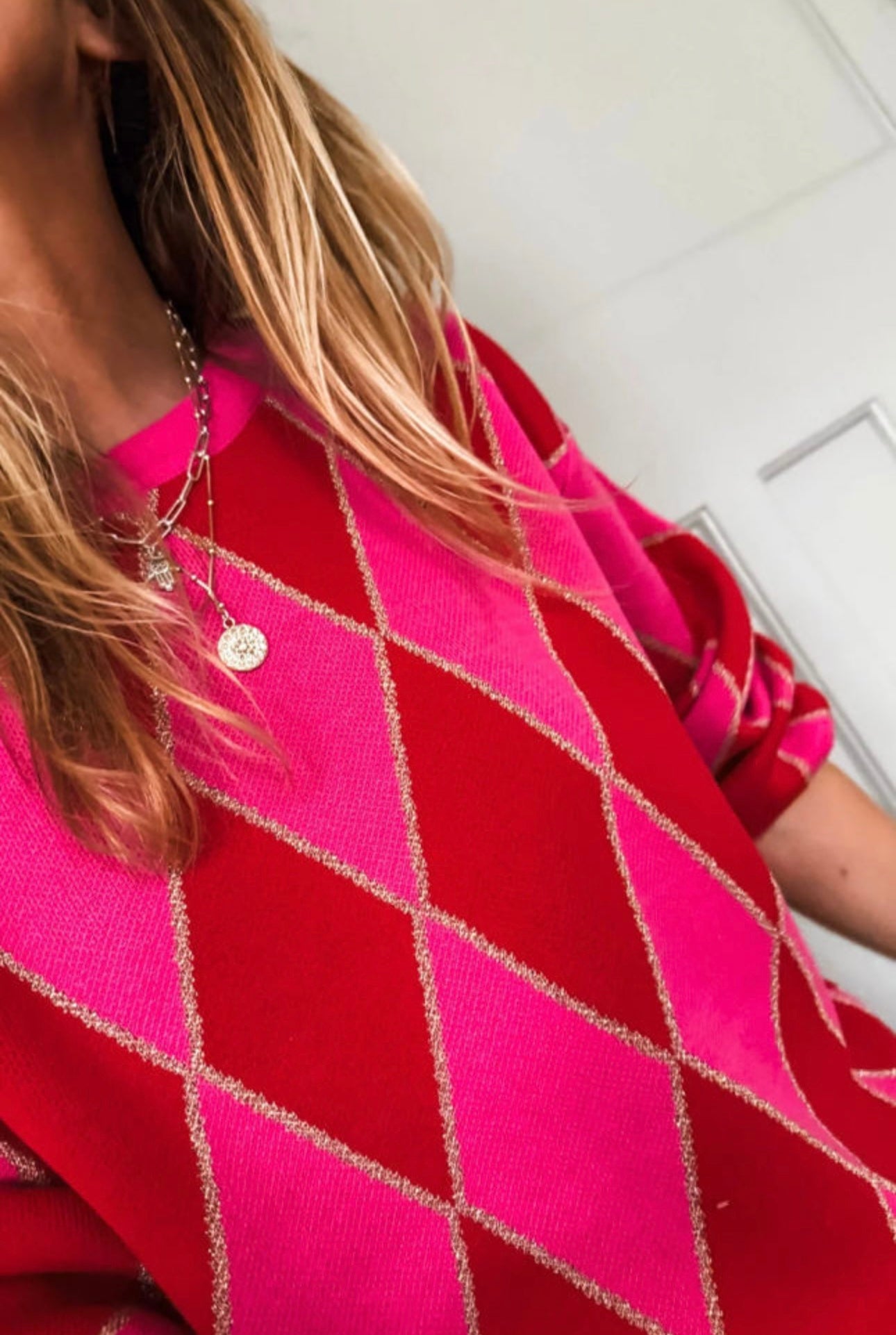 Pink and Red Geometric Glitter Sweater