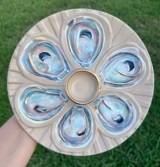 “Oyster Happy Hour” Hand-Painted Gilded Oyster Plate