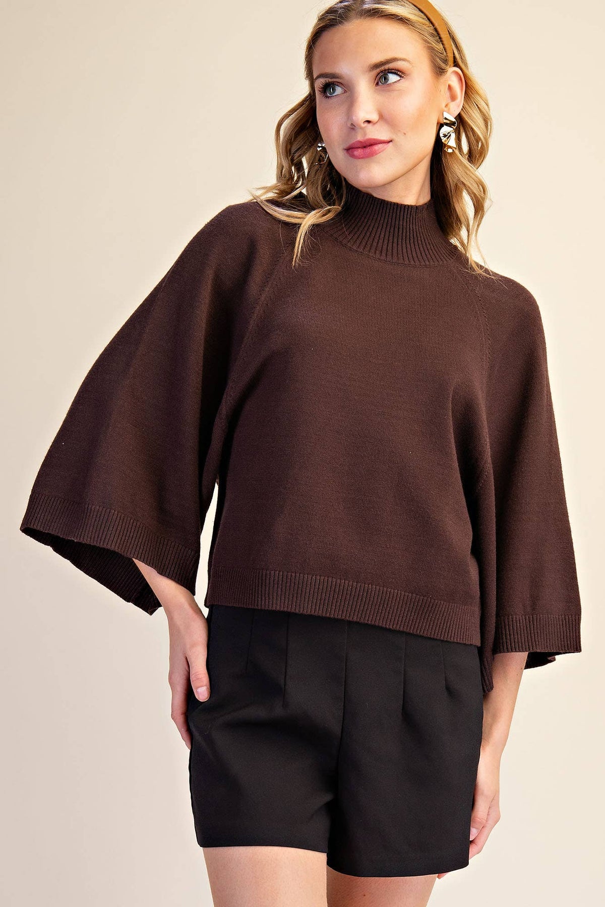 Brown Mock Neck Wide Sleeve Sweater