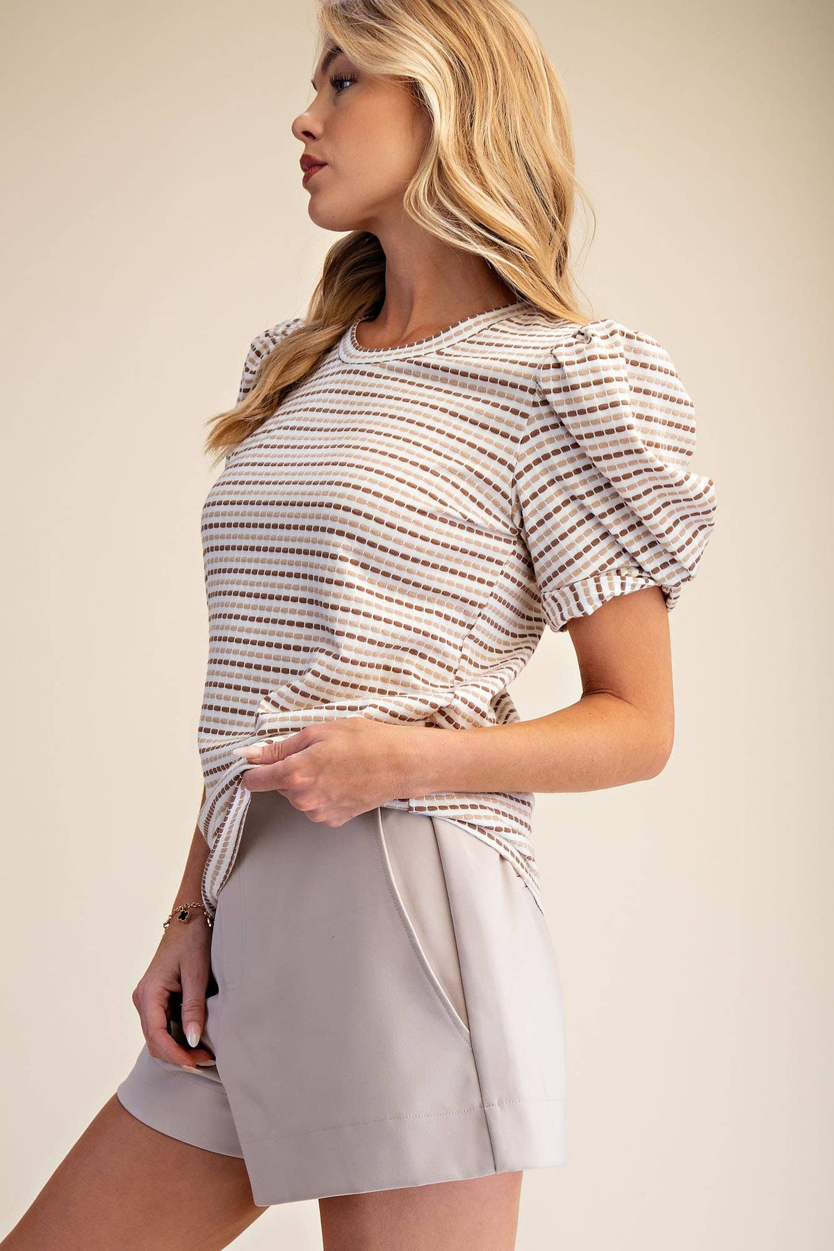 Sage Round Neck Puff Sleeve Stripe Top