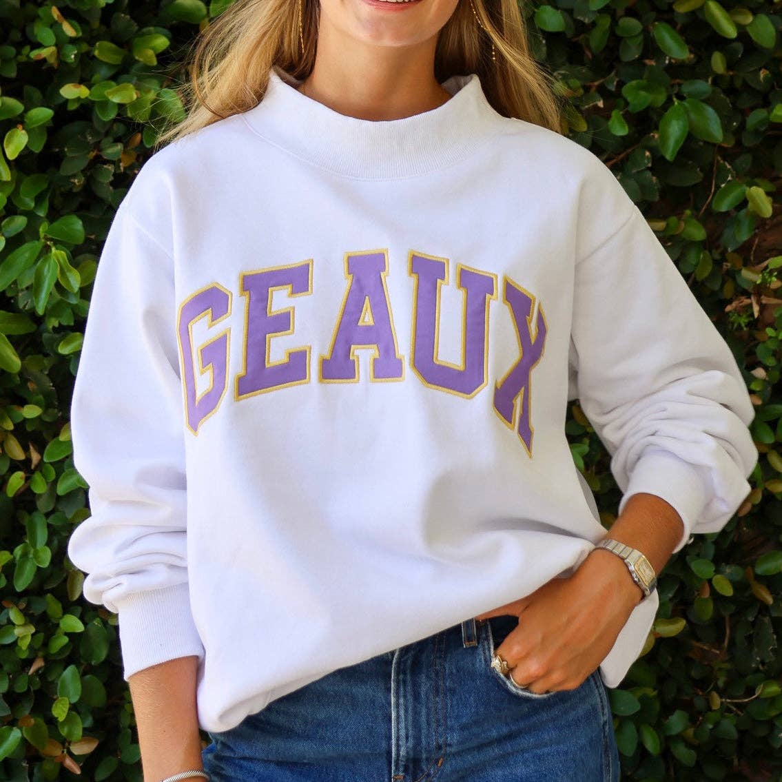 GEAUX Varsity Mockneck White Sweatshirt