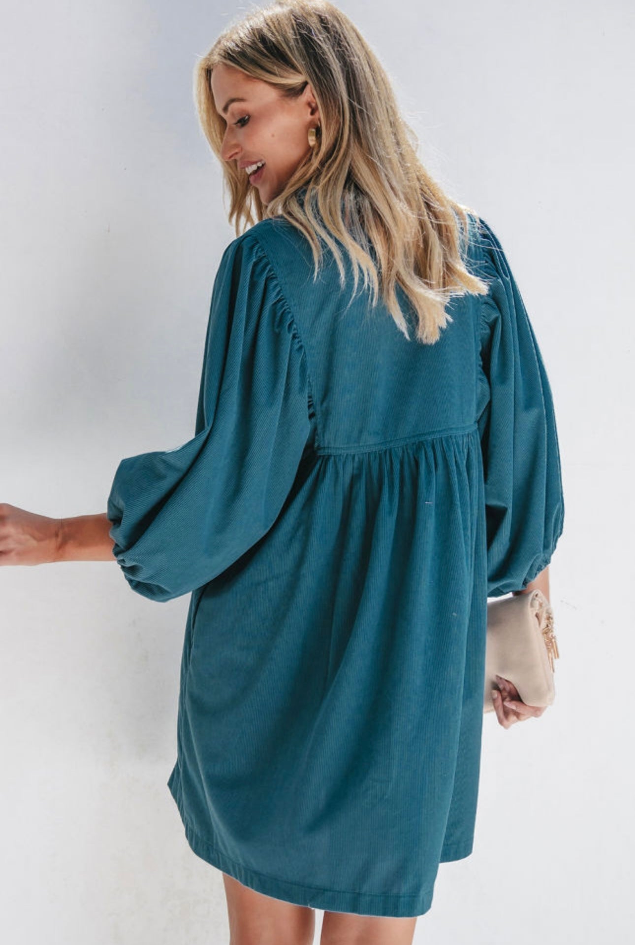 Teal Corduroy Empire  Waist Dress