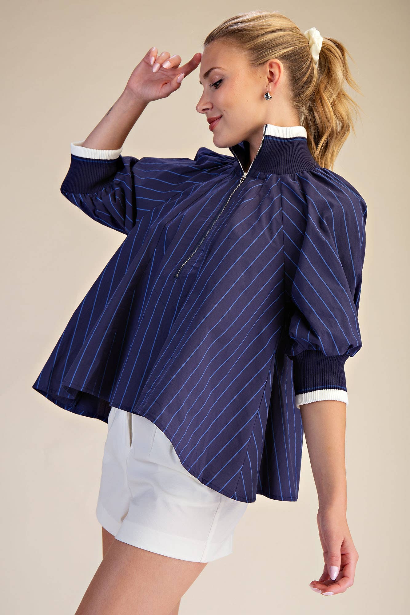 Navy Mock Neck Band Puff Sleeve Blouse