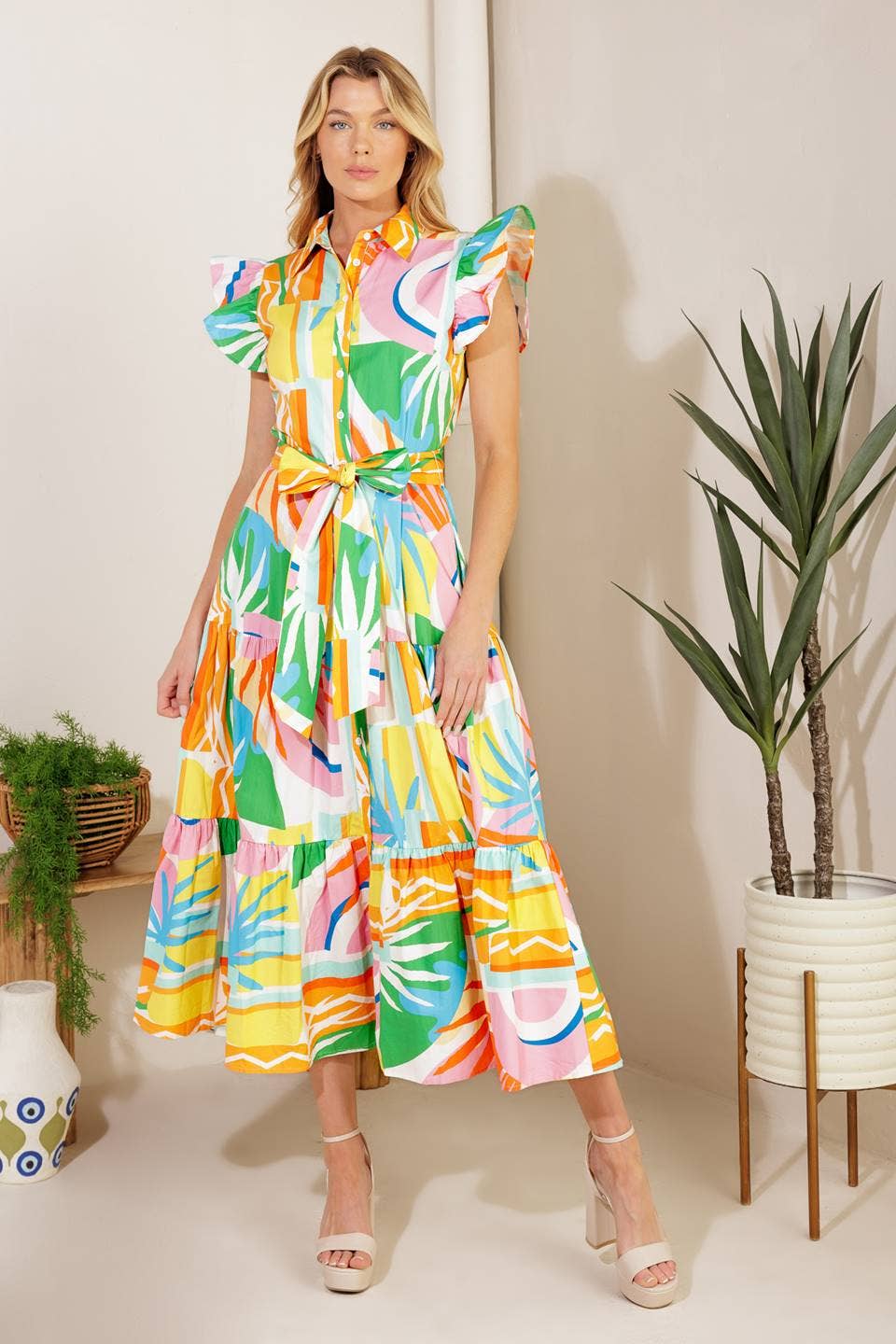 Tropical Flutter Sleeve Midi Dress