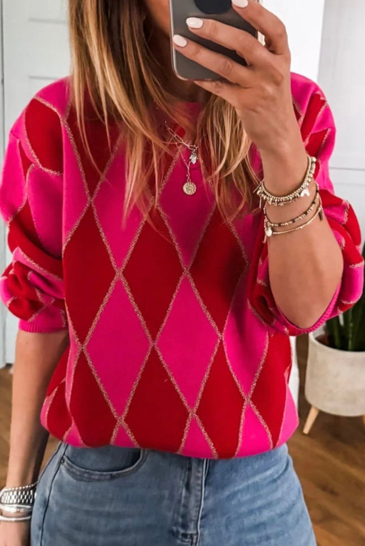 Pink and Red Geometric Glitter Sweater