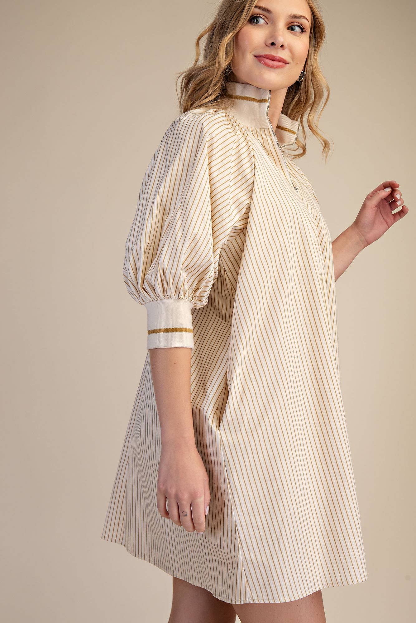 Mock Neck Band Puff Sleeve Casual Mini Dress