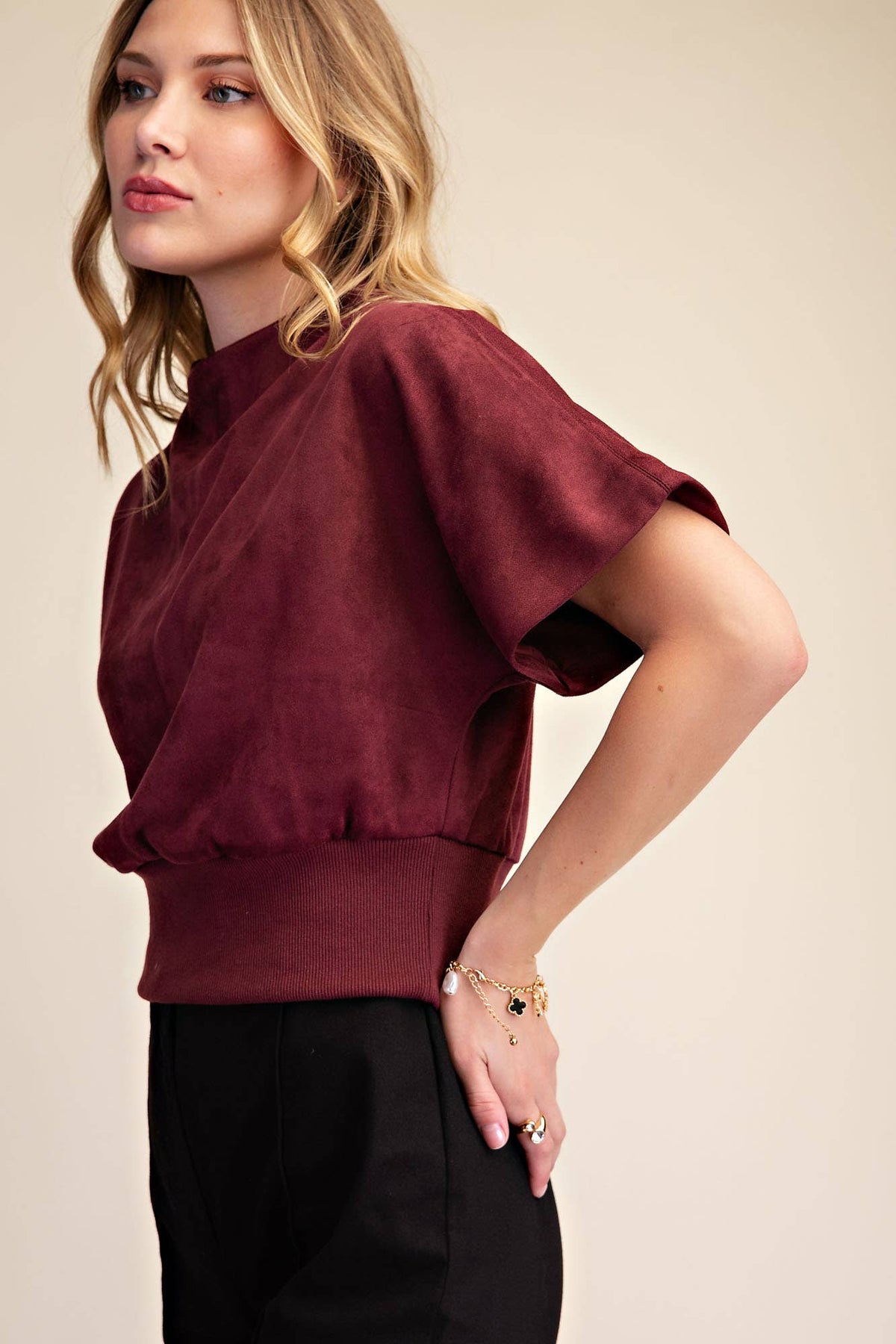 Burgundy Mock Neck Suede Look Brush Top