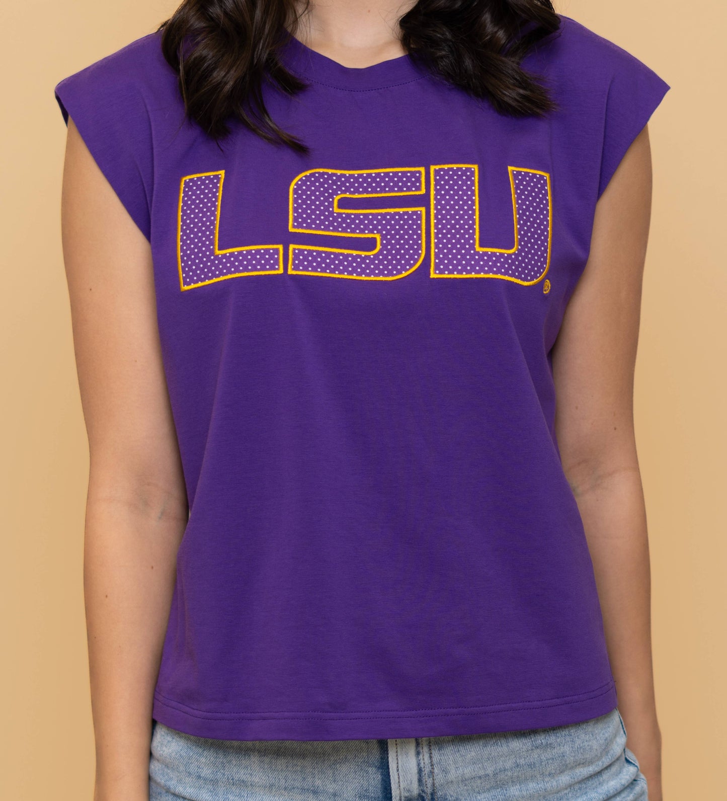 LSU (Licensed)  Women's Polka Dot Appliqué Embroidery Boxy Purple Tank