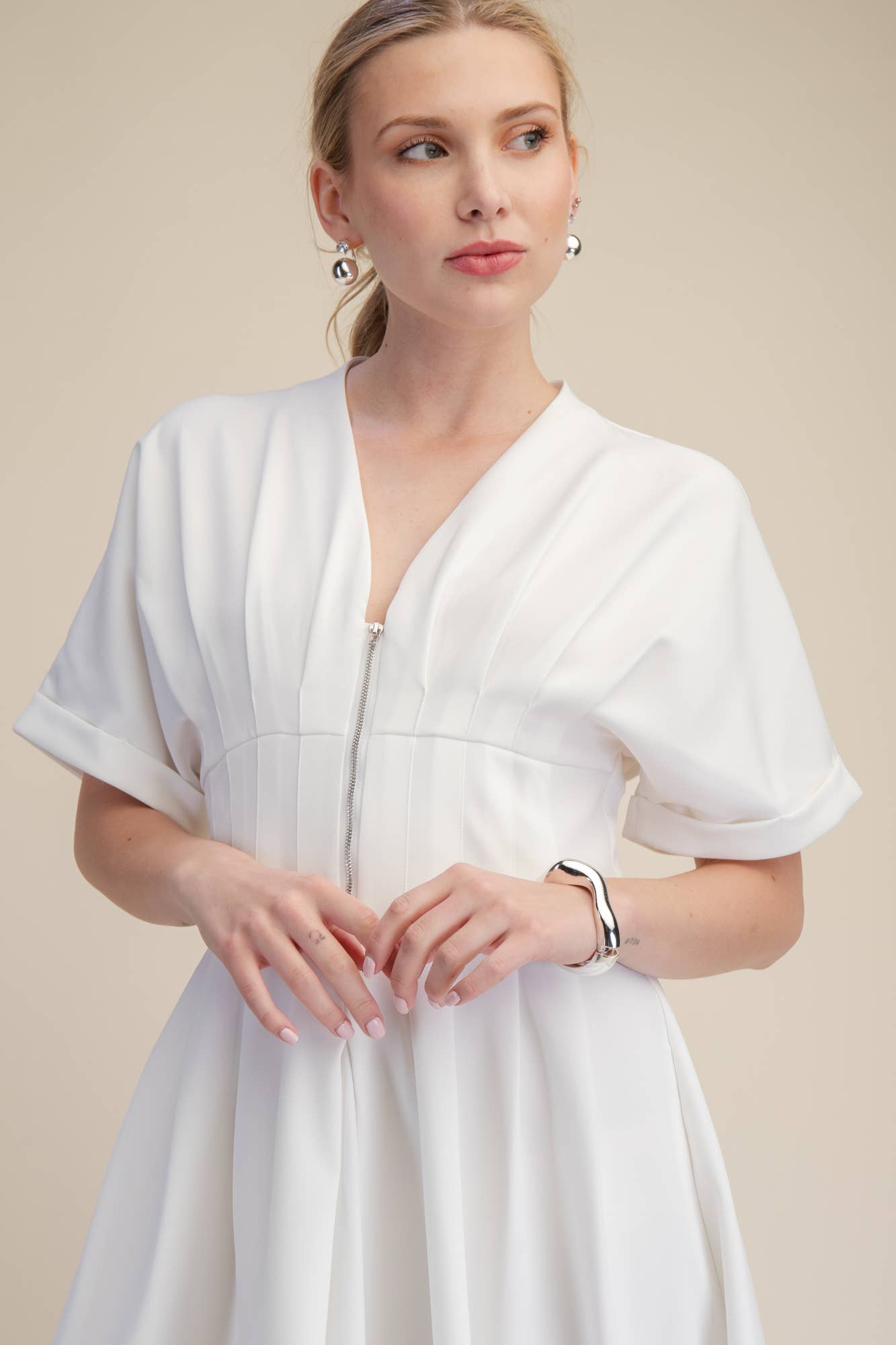 Front Zip Pleated Flare Stretch Shirt Dress