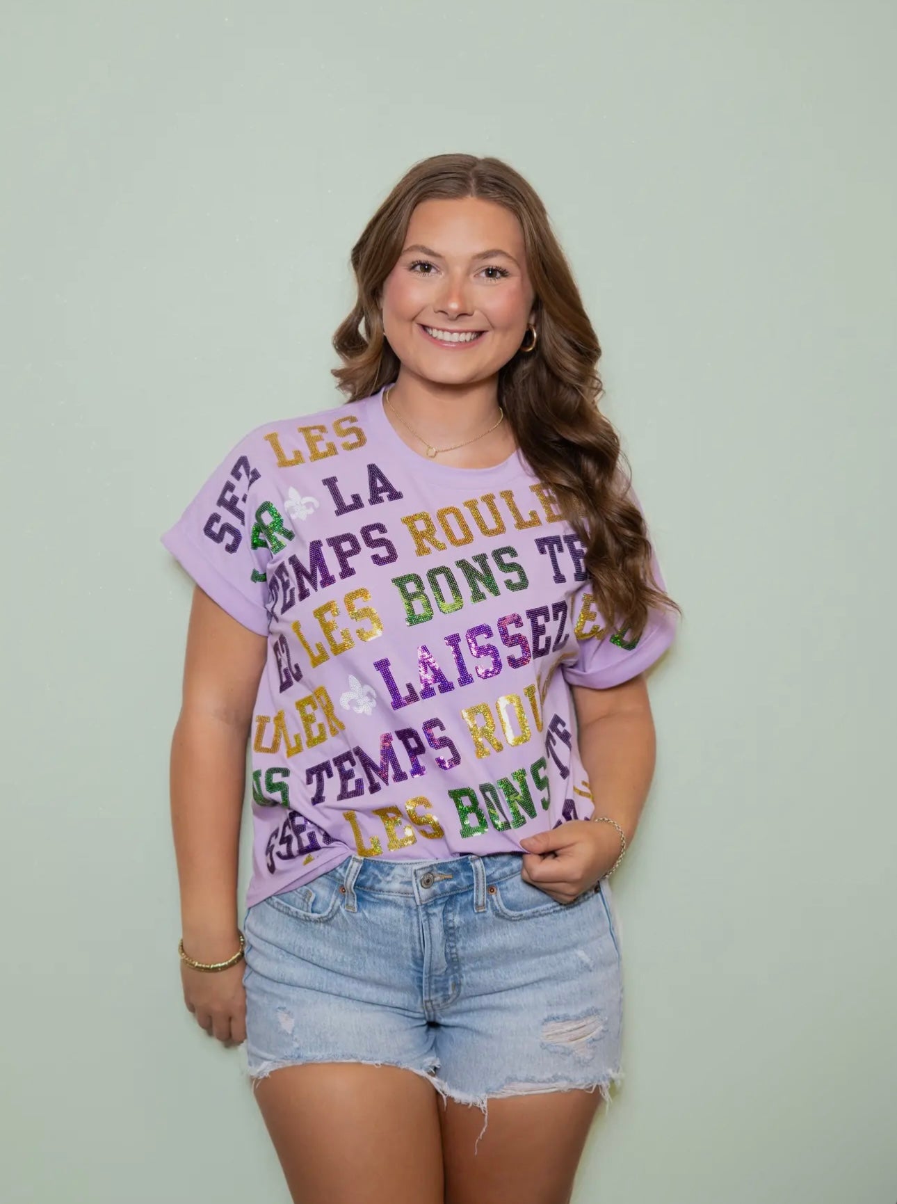 Lavender Sequin Laissez Bon Temps  Rouler Mardi Gras Tee