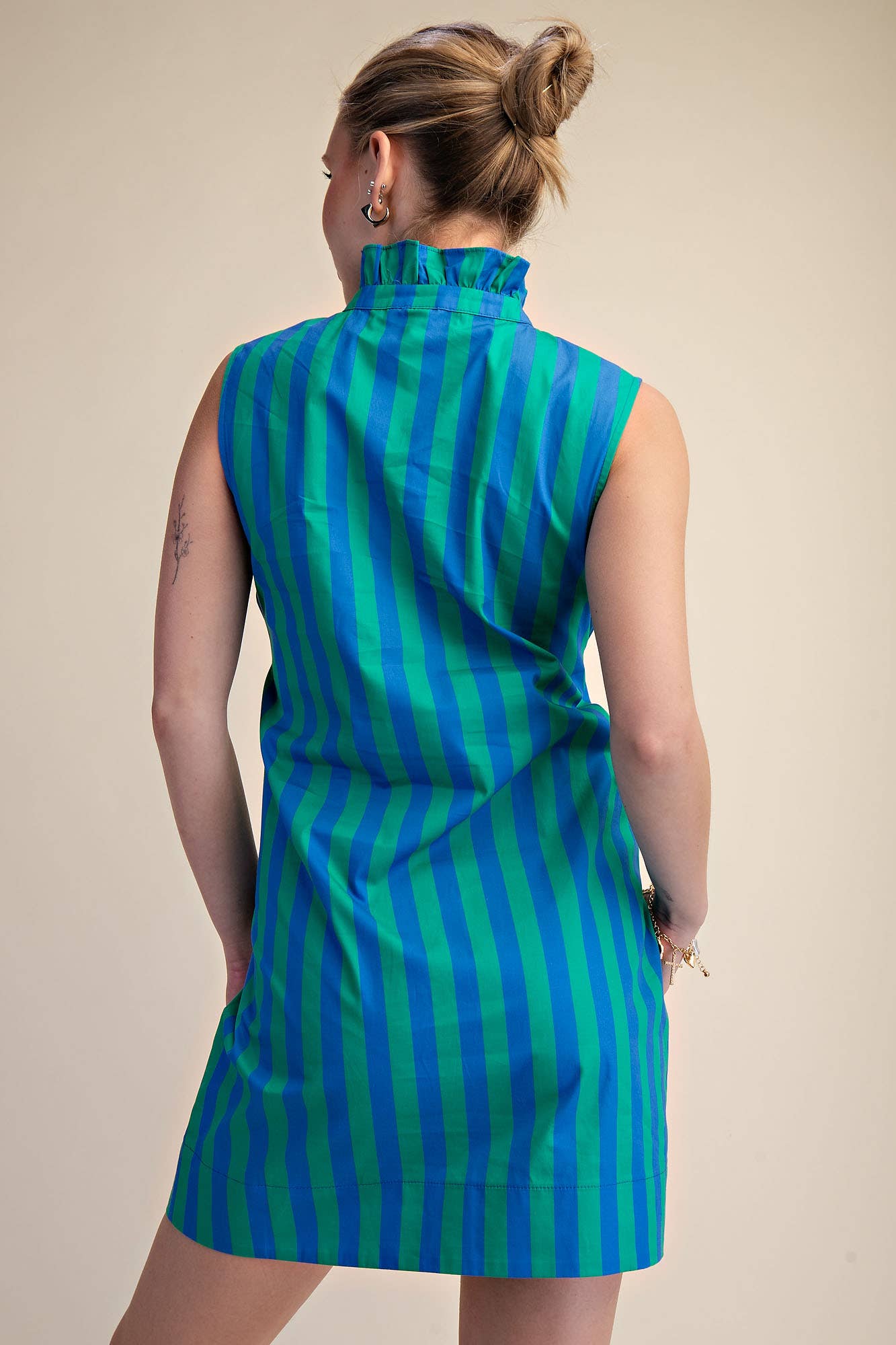 Blue Green Stripe Ruffle Neck Tie Waist Dress