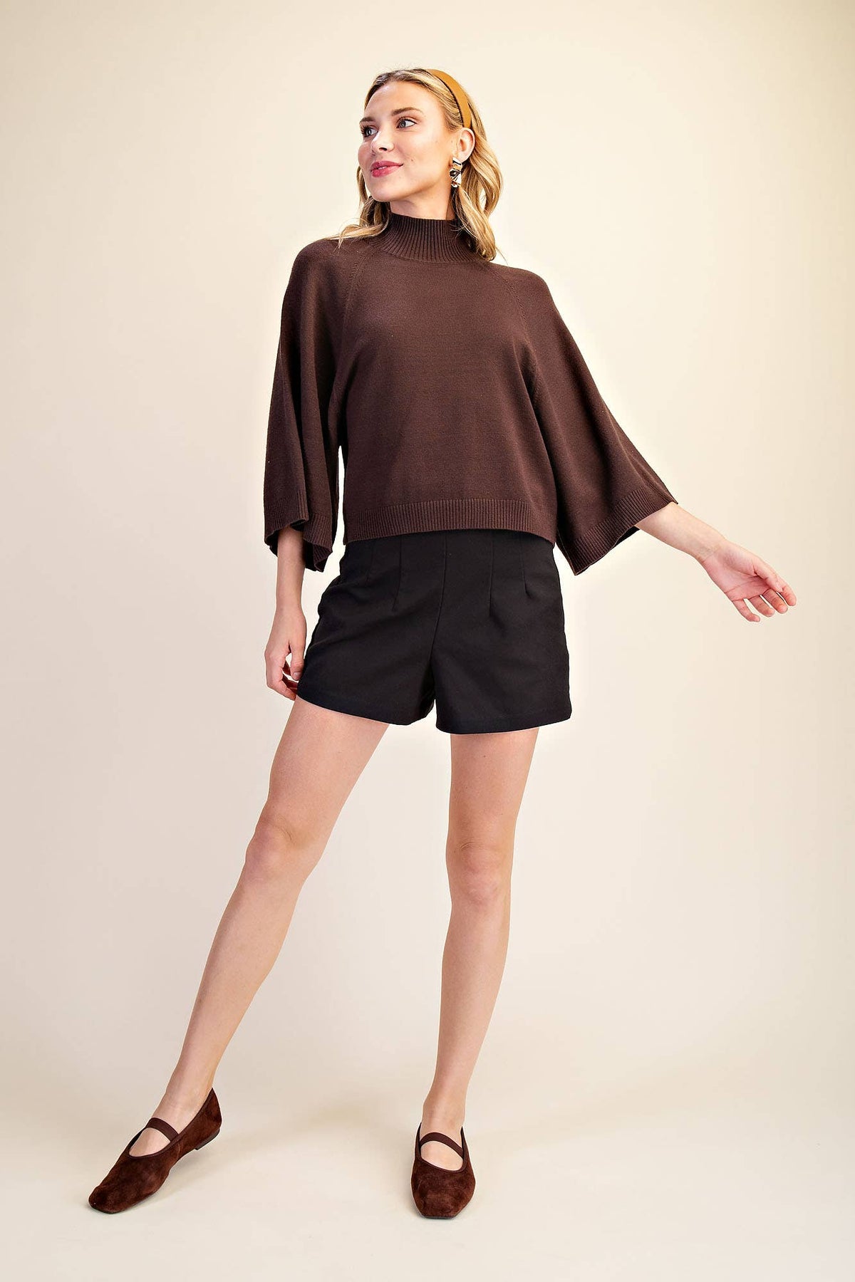 Brown Mock Neck Wide Sleeve Sweater