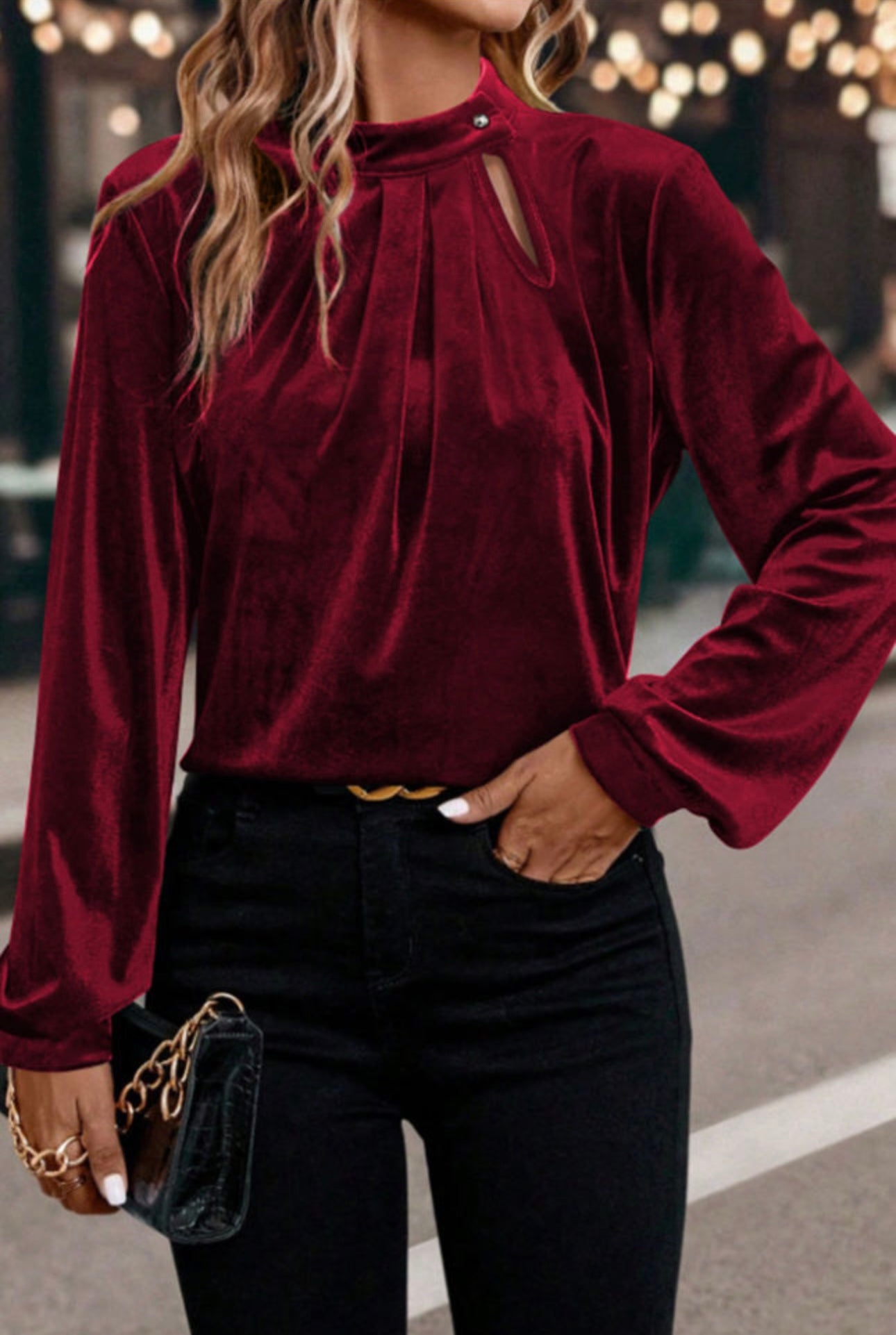 Velvet Asymmetric Keyhole Blouse