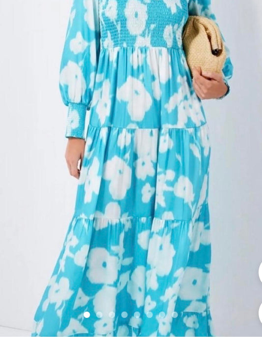 Tuckernuck Turquoise Blue Watercolor Floral Libby Tiered Ruffle Maxi Dress-Size XS