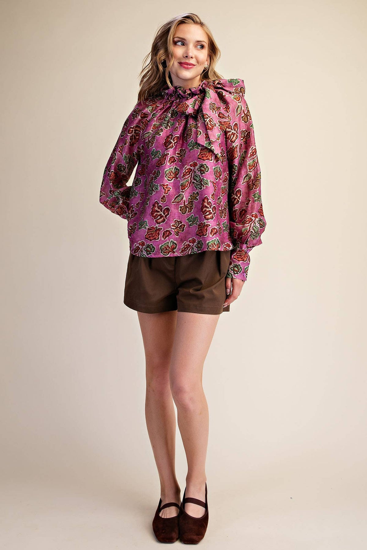 Pink Ruffle Tie Neck Long Sleeve Print Blouse