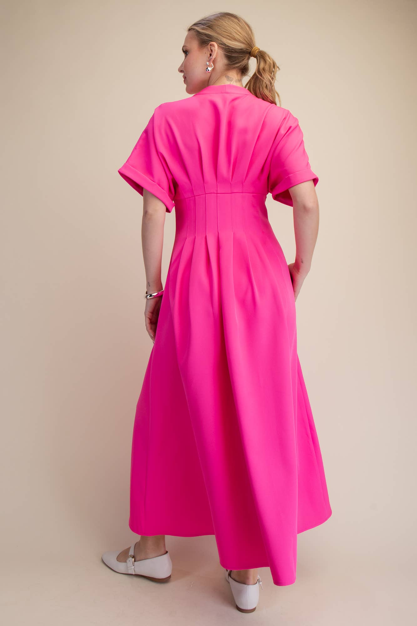 Front Zip Pleated Flare Stretch Shirt Dress