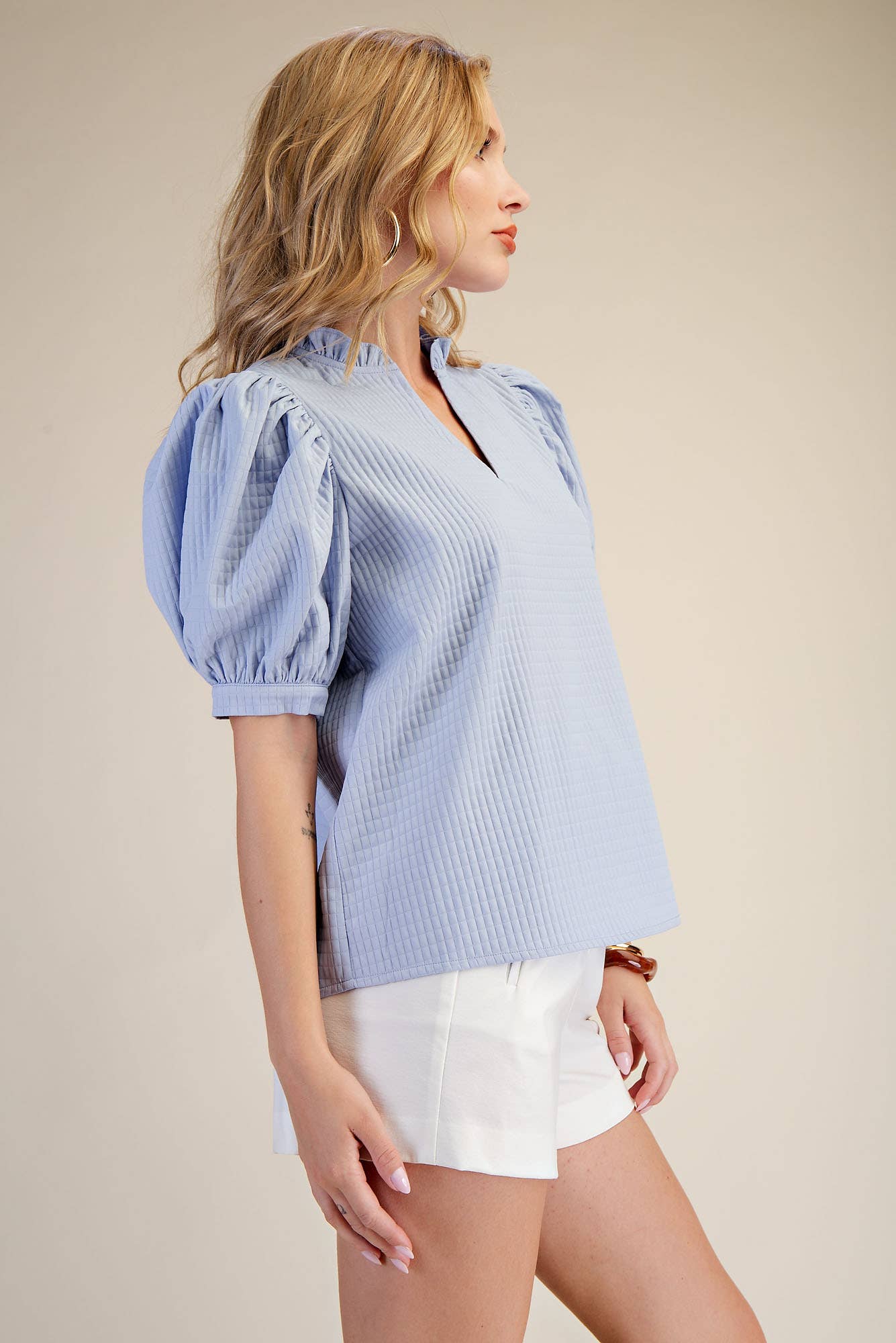 Light Blue Ruffle V-Neck Puff Sleeve Top
