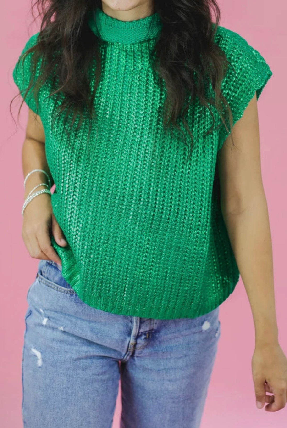 Shiny High Neck Short Sleeve Sweater
