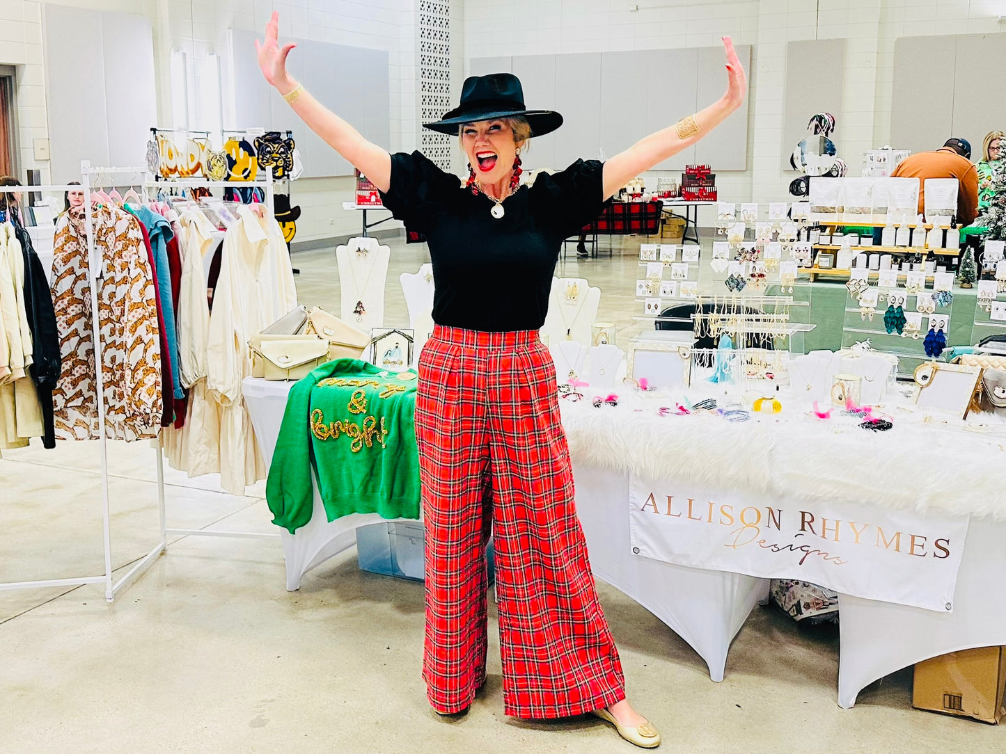 Red Plaid Wide Leg Pull On Pants