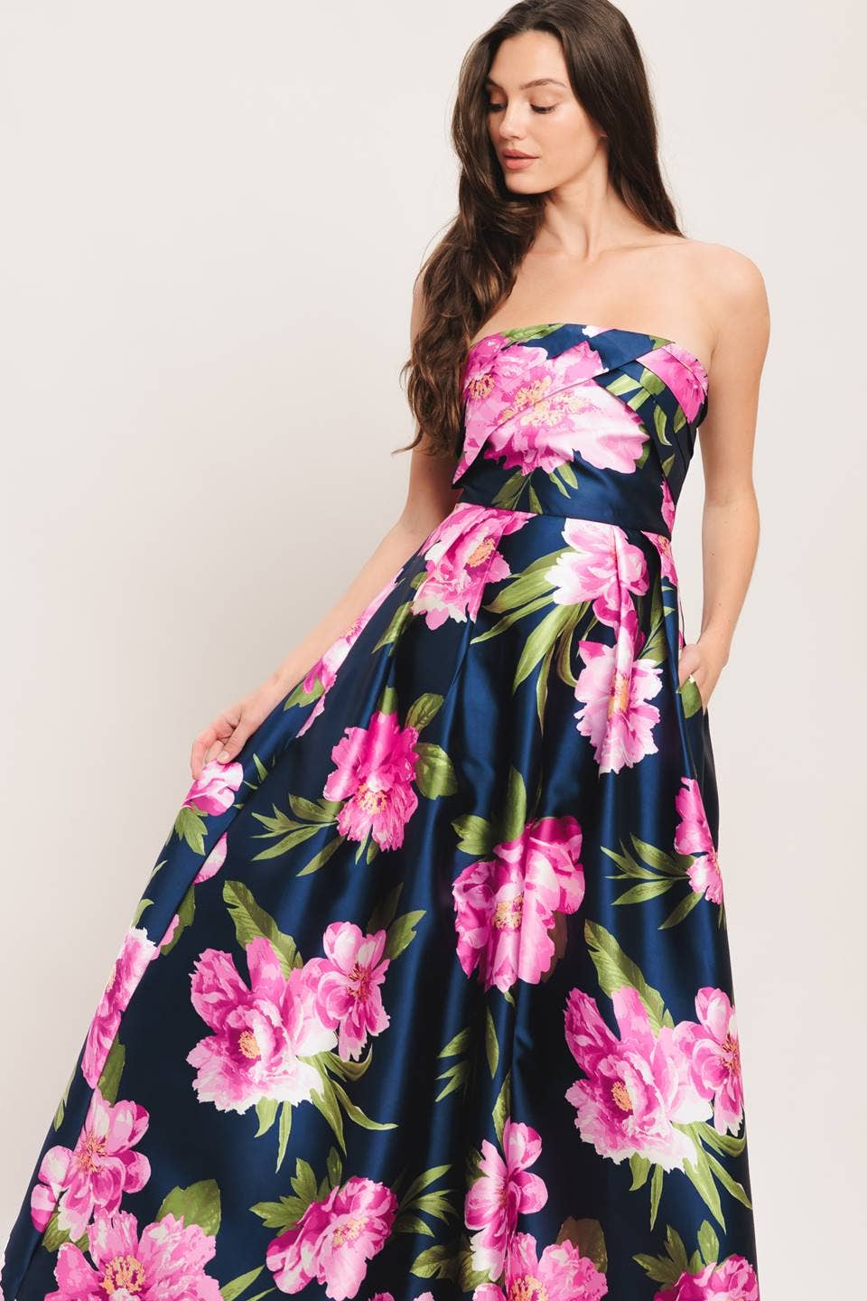 Navy Strapless Floral Full Length Event Dress