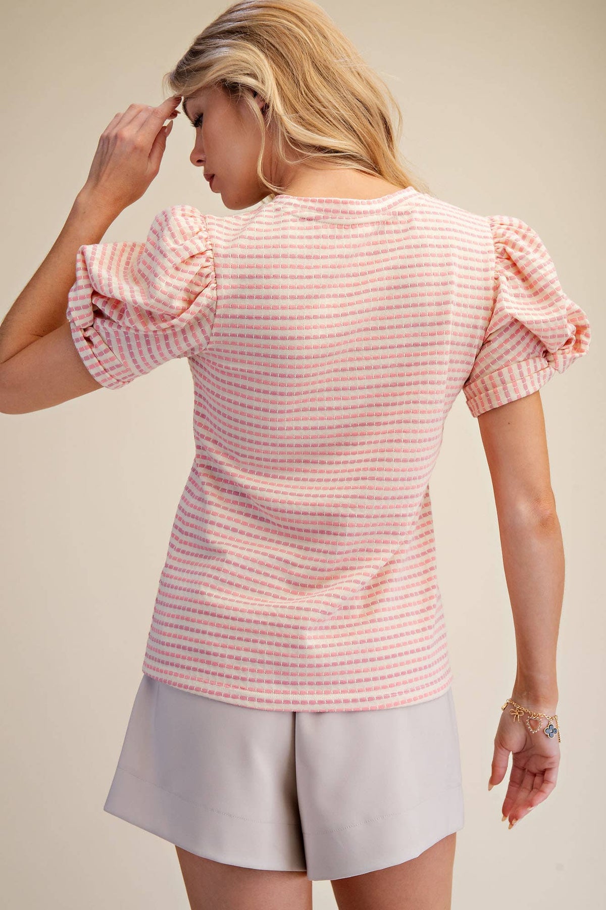 Sage Round Neck Puff Sleeve Stripe Top