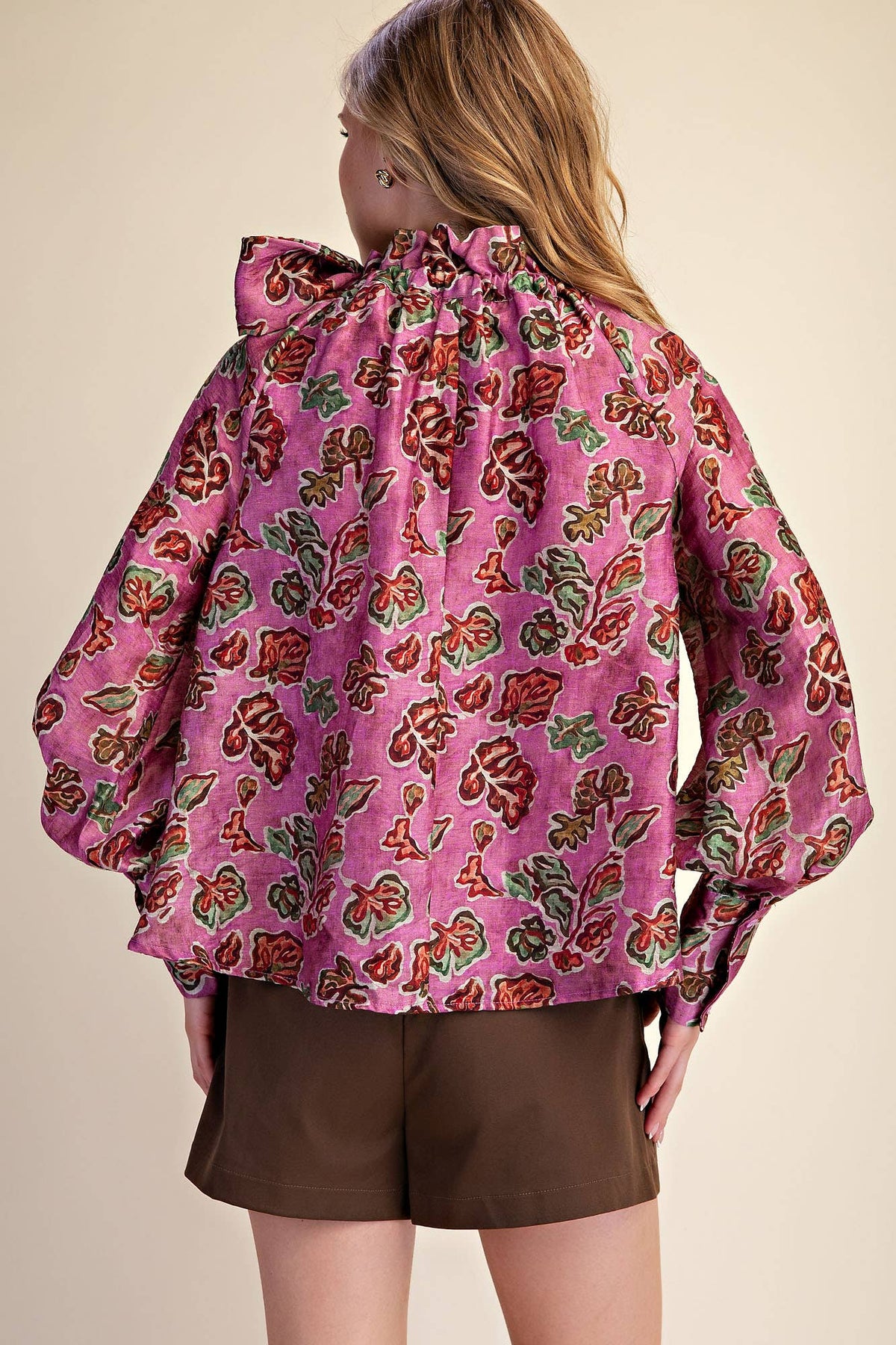 Pink Ruffle Tie Neck Long Sleeve Print Blouse