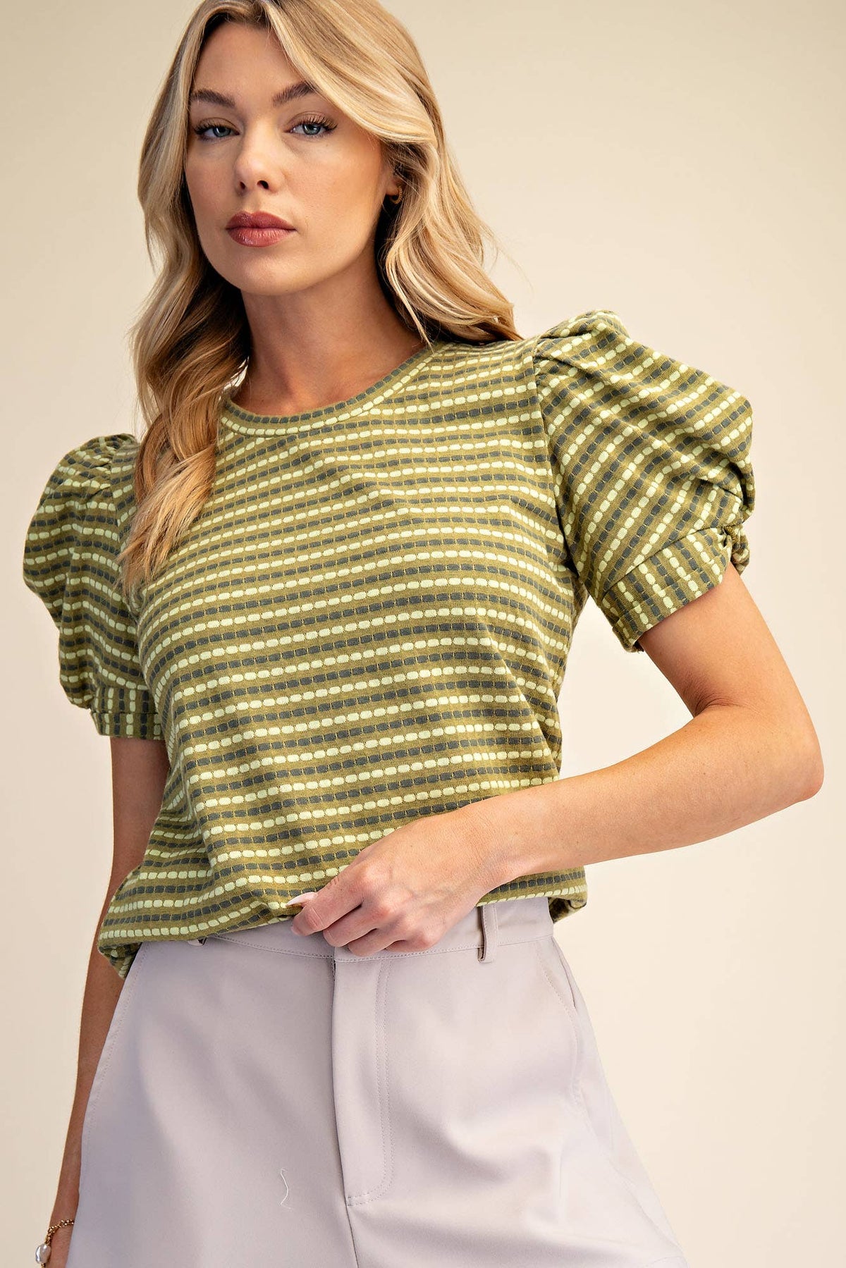 Sage Round Neck Puff Sleeve Stripe Top