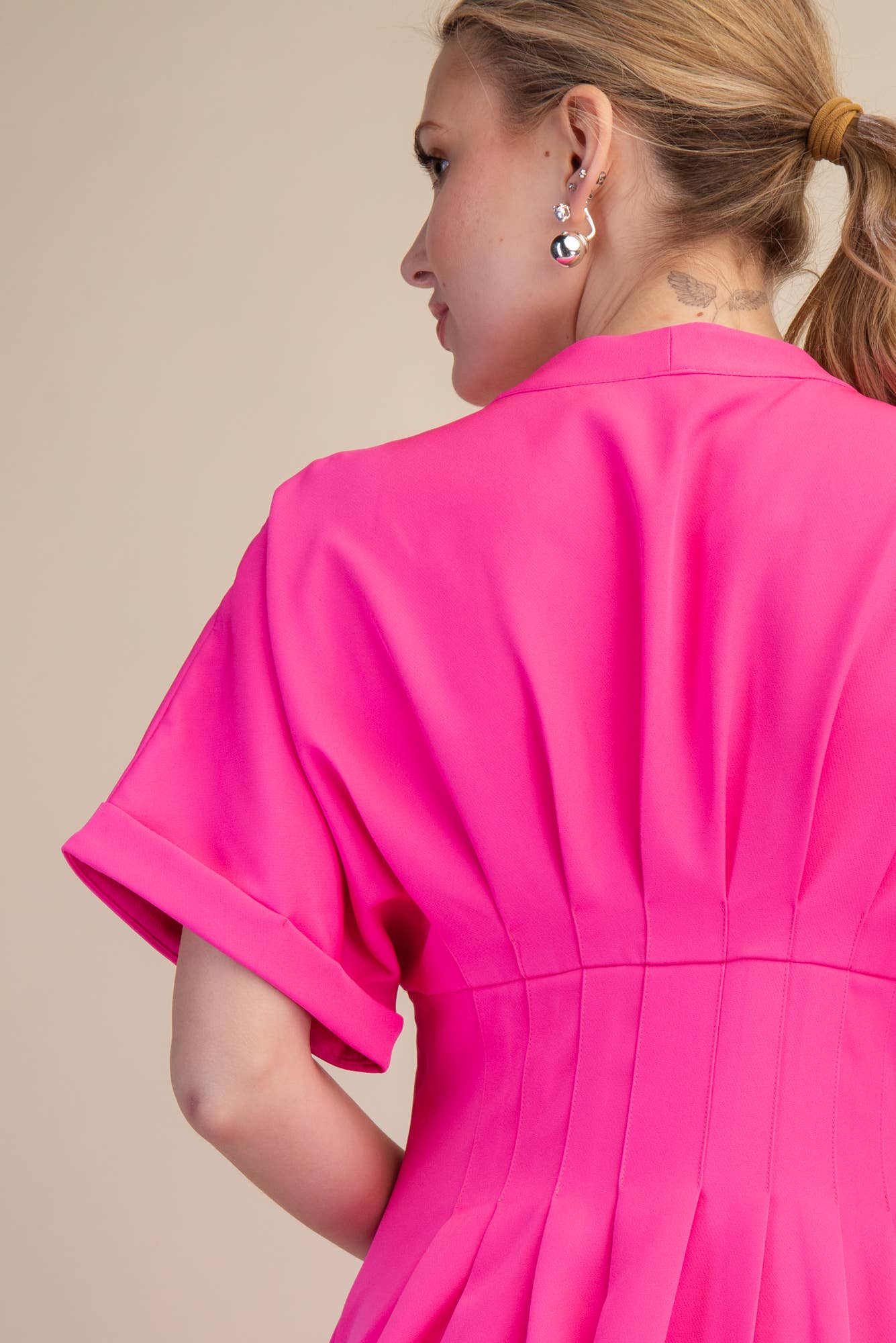 Front Zip Pleated Flare Stretch Shirt Dress