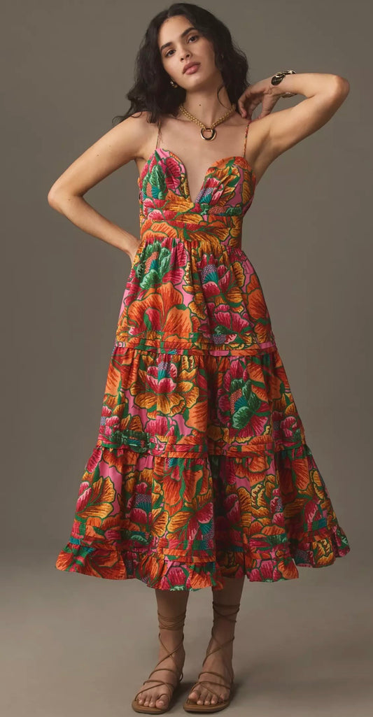 Farm Rio Beaded Spring Sleeveless Midi Dress-Size Small