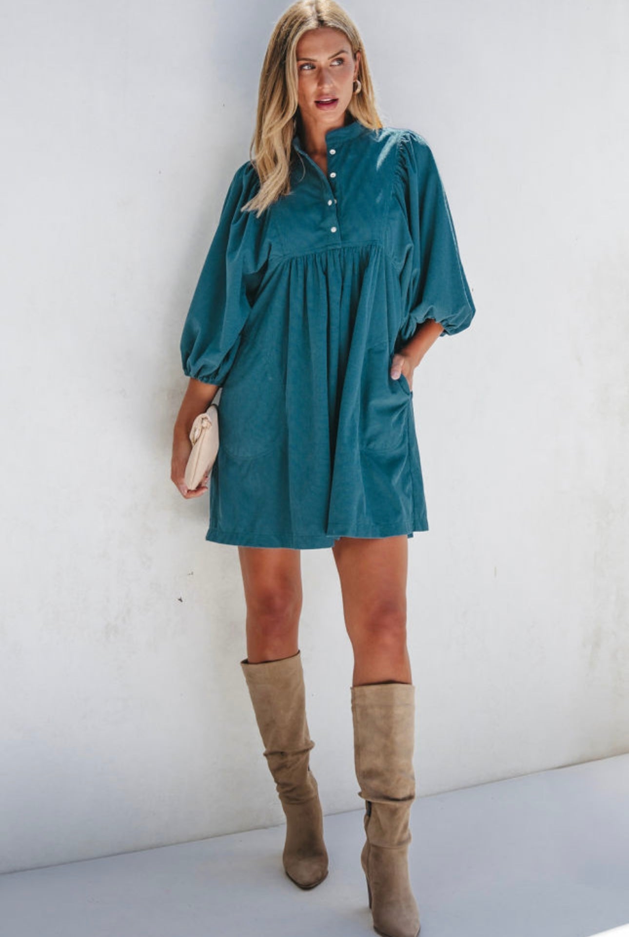 Teal Corduroy Empire  Waist Dress